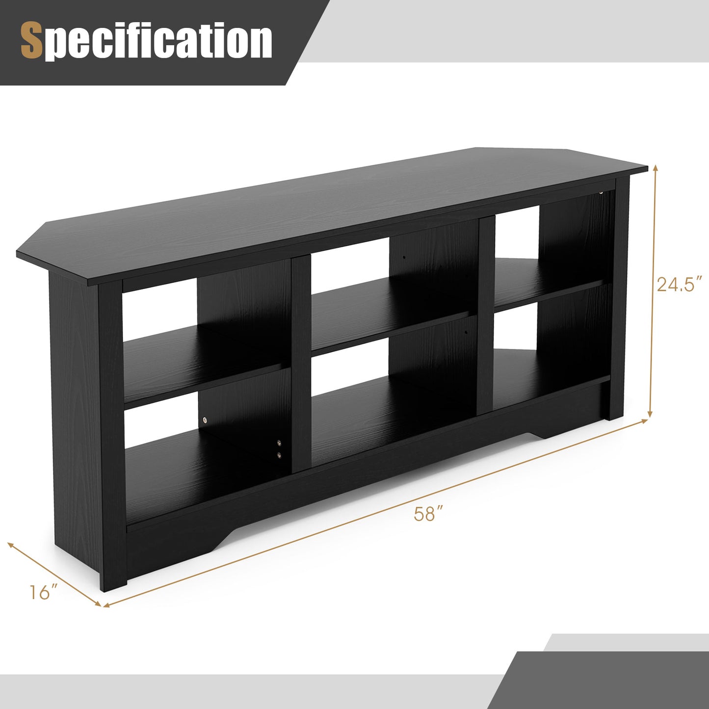 58 Inch TV Console with Adjustable Shelf and 6 Storage Compartments for TVs up to 65 Inches - Black