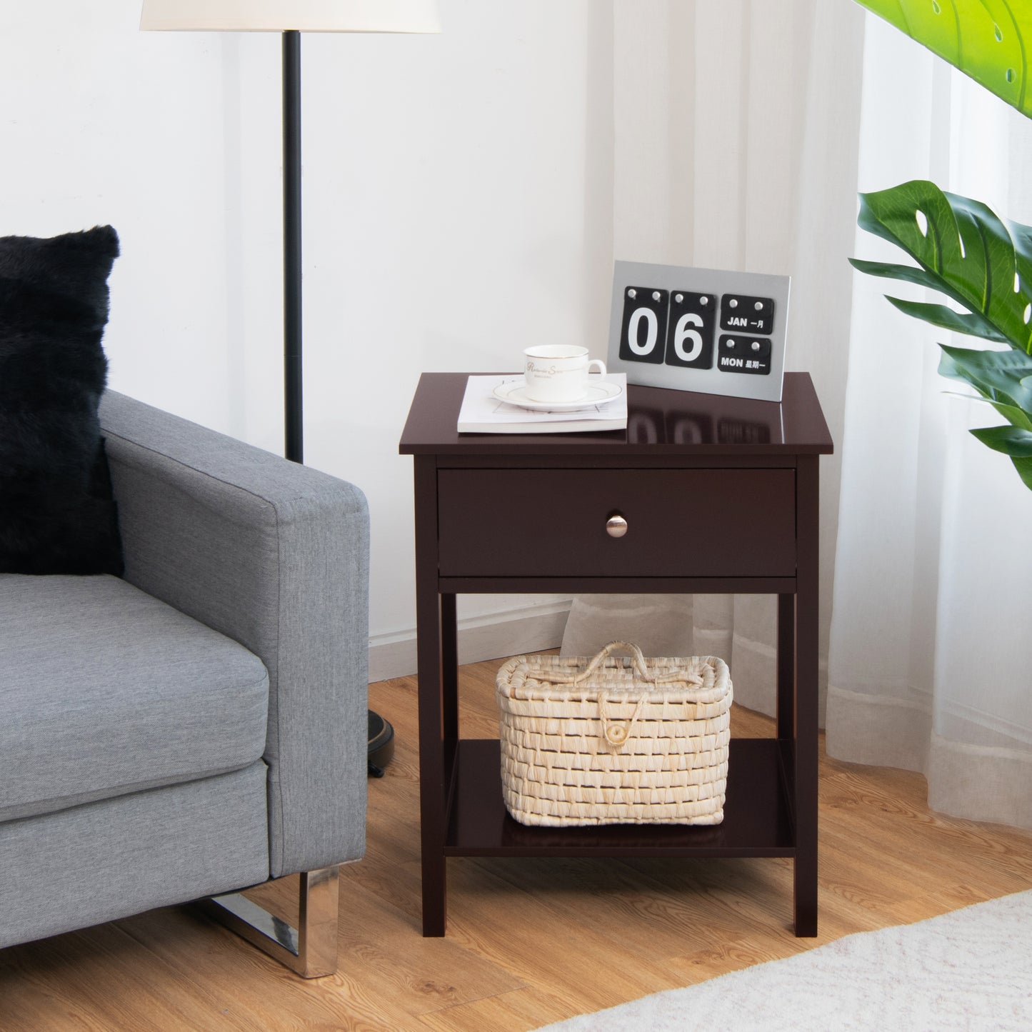 Wooden Nightstand with Drawer and Storage Shelf for Bedroom & Living Room - Brown
