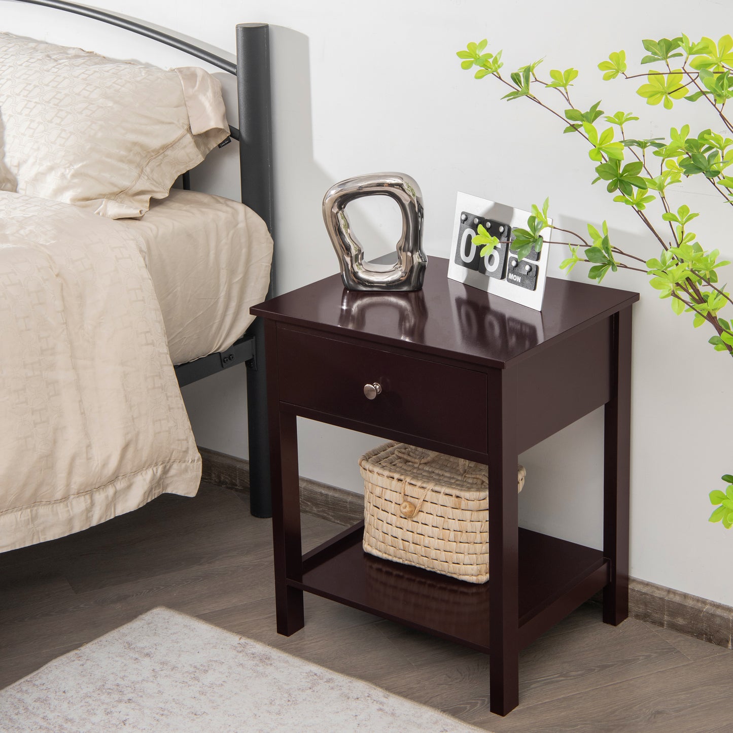 Wooden Nightstand with Drawer and Storage Shelf for Bedroom & Living Room - Brown