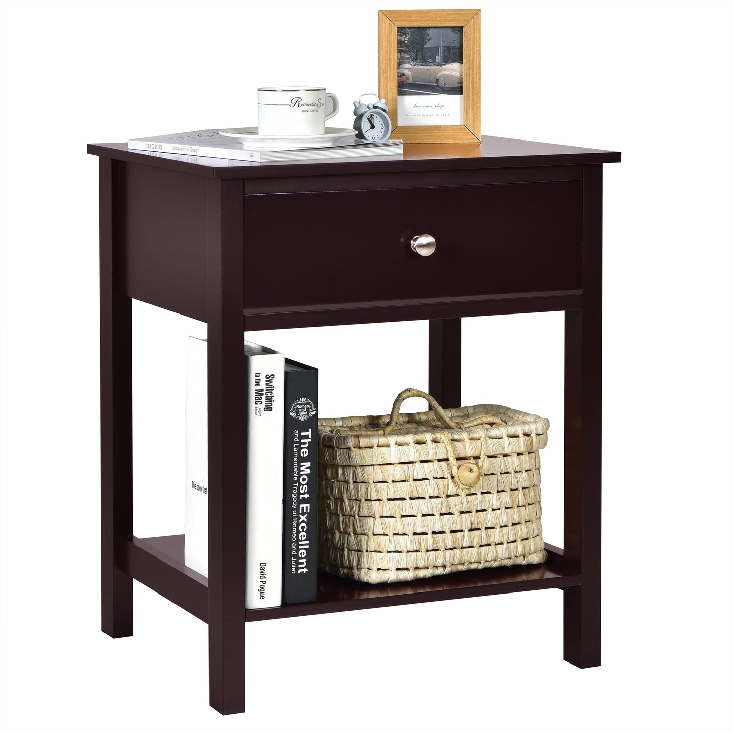 Wooden Nightstand with Drawer and Storage Shelf for Bedroom & Living Room - Brown