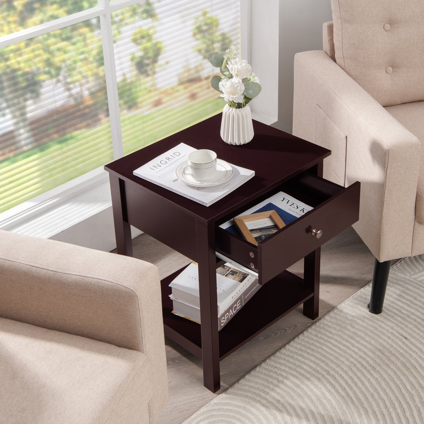 Wooden Nightstand with Drawer and Storage Shelf for Bedroom & Living Room - Brown