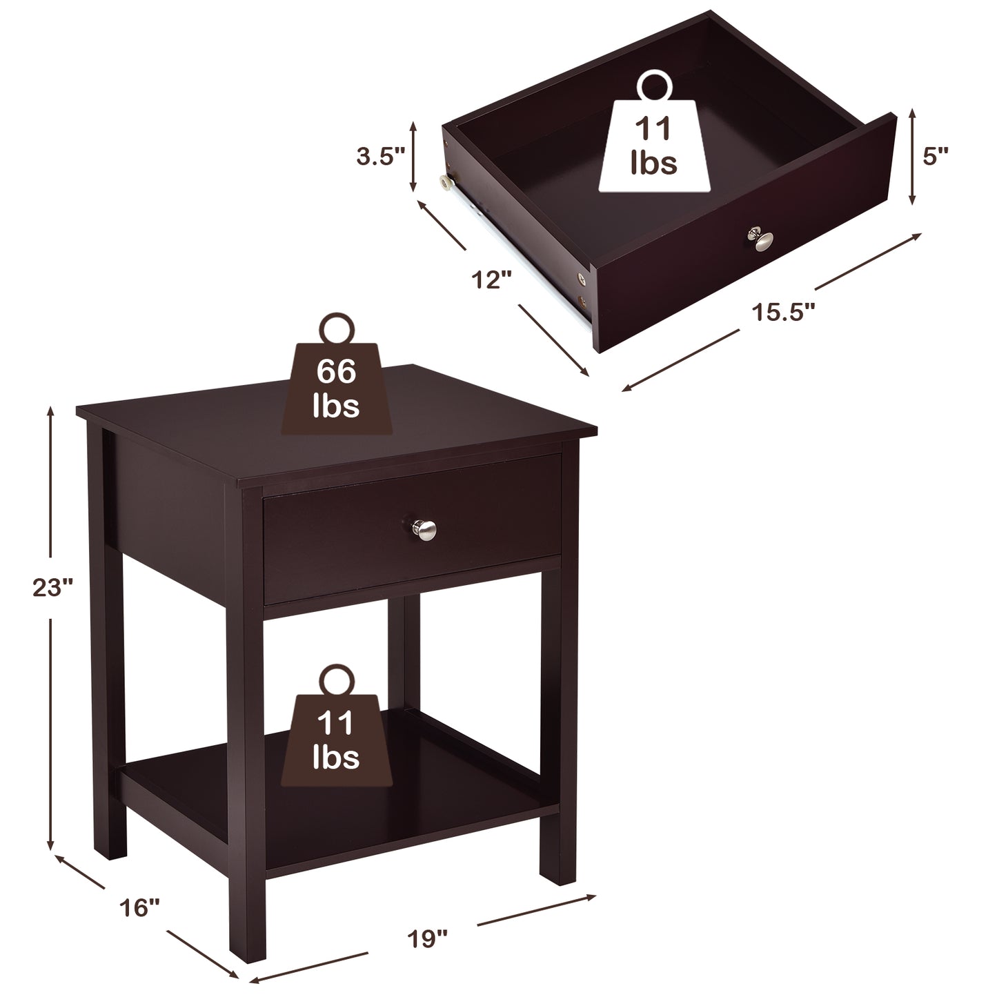 Wooden Nightstand with Drawer and Storage Shelf for Bedroom & Living Room - Brown