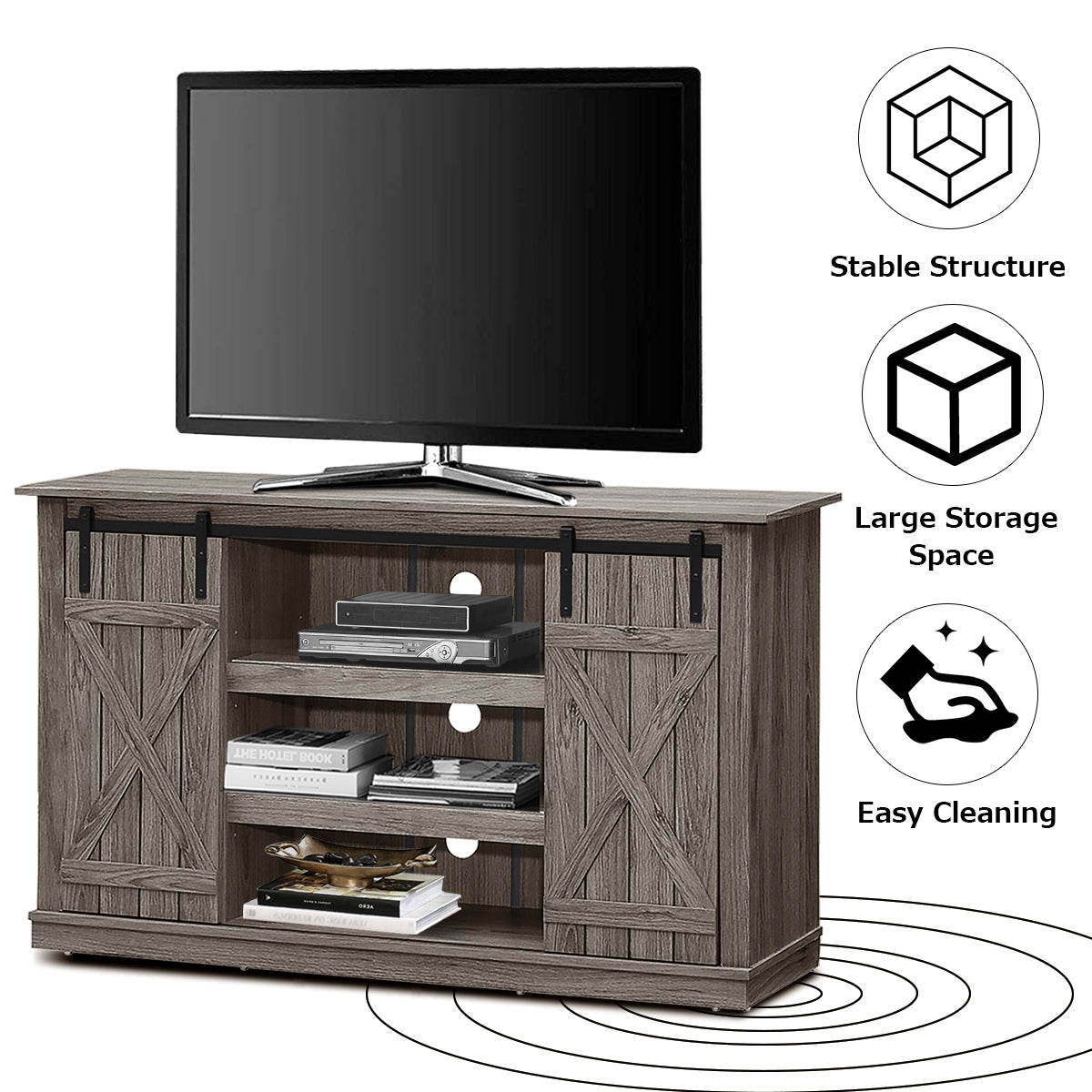 Sliding Barn Door TV Stand with Adjustable Shelves and Storage for TVs up to 60 Inches - Grey