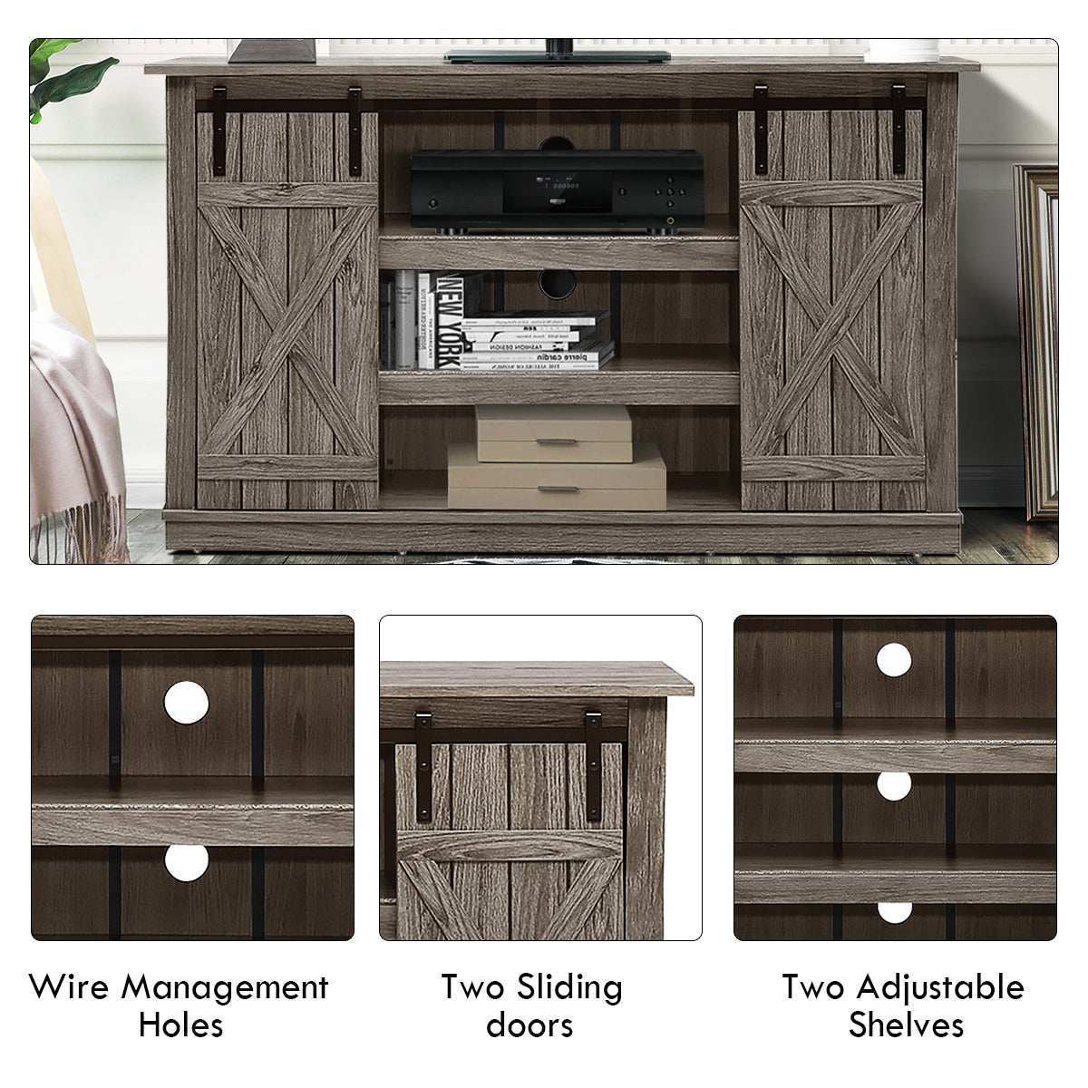 Sliding Barn Door TV Stand with Adjustable Shelves and Storage for TVs up to 60 Inches - Grey