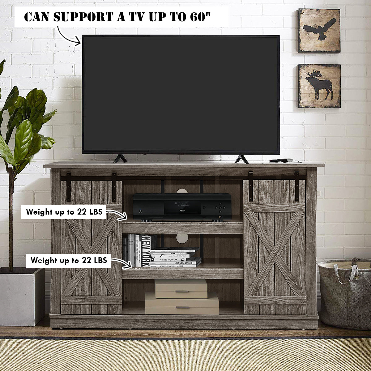 Sliding Barn Door TV Stand with Adjustable Shelves and Storage for TVs up to 60 Inches - Grey