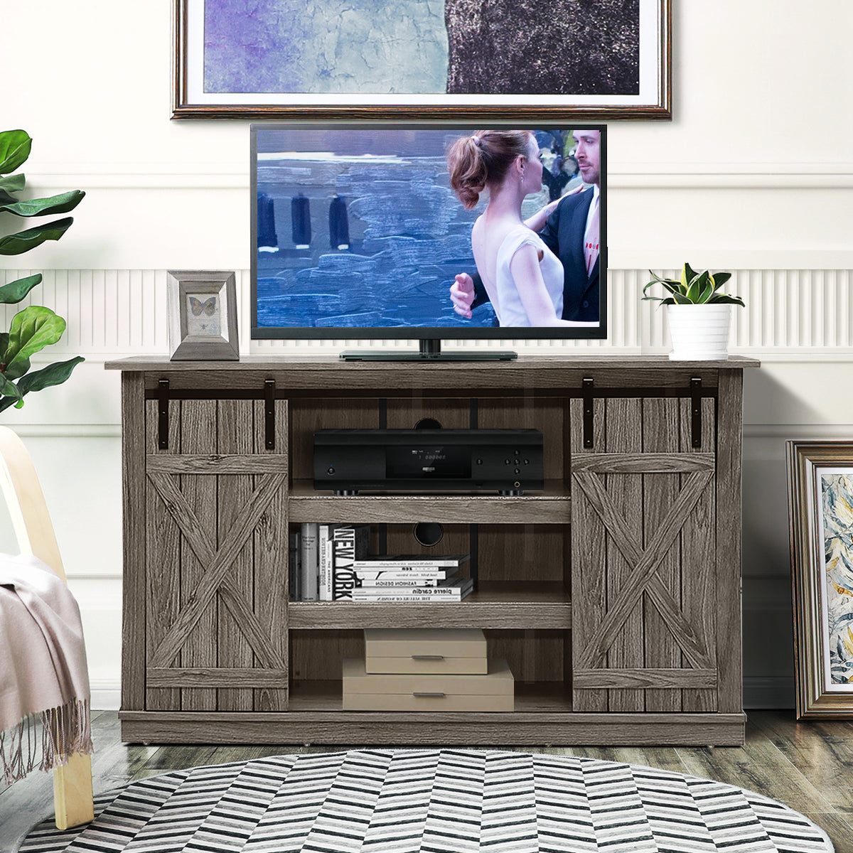 Sliding Barn Door TV Stand with Adjustable Shelves and Storage for TVs up to 60 Inches - Grey