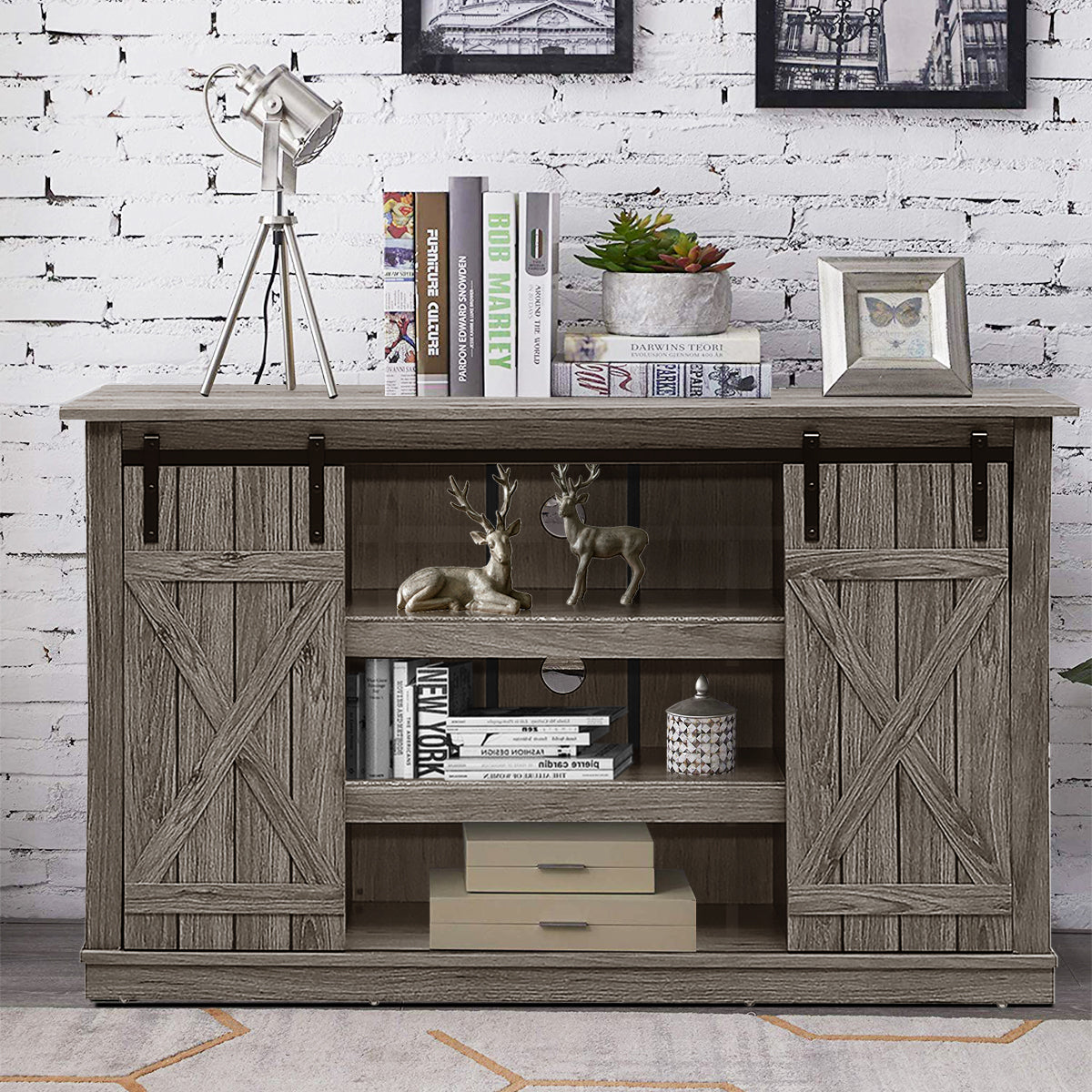 Sliding Barn Door TV Stand with Adjustable Shelves and Storage for TVs up to 60 Inches - Grey