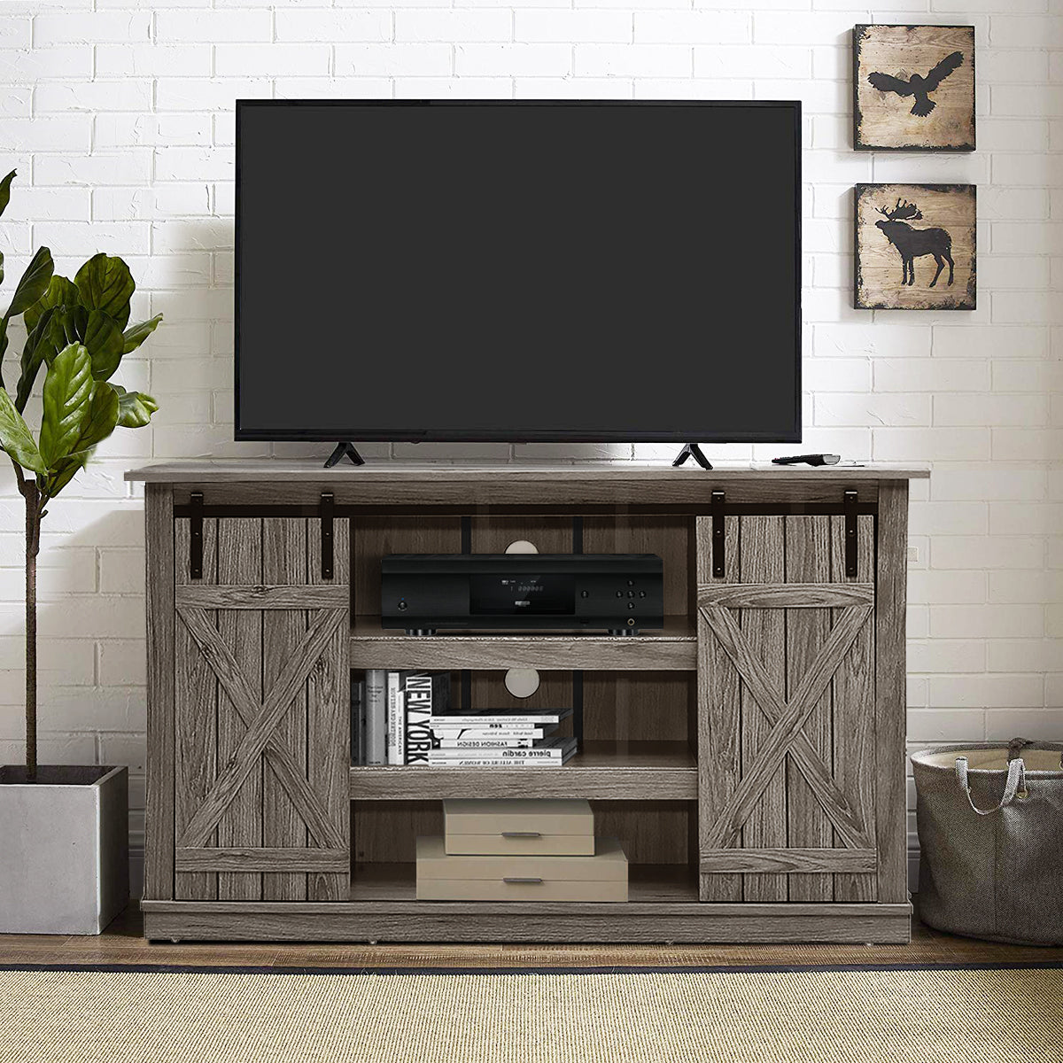 Sliding Barn Door TV Stand with Adjustable Shelves and Storage for TVs up to 60 Inches - Grey