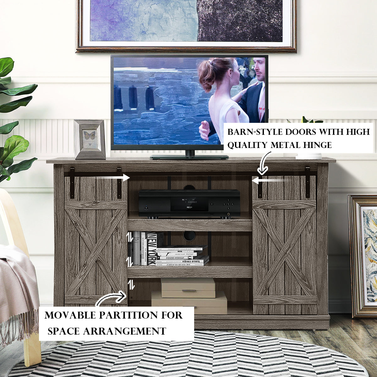 Sliding Barn Door TV Stand with Adjustable Shelves and Storage for TVs up to 60 Inches - Grey
