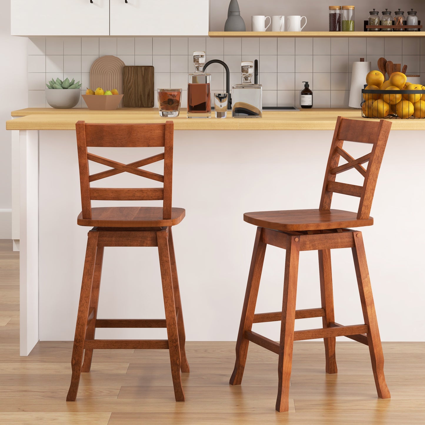 Swivel Counter Height Bar Stools with Curved Backrest and Wooden Frame in Walnut, 24 Inch Set of 2