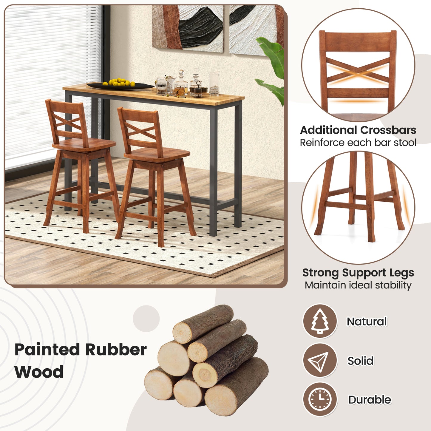 Swivel Counter Height Bar Stools with Curved Backrest and Wooden Frame in Walnut, 24 Inch Set of 2