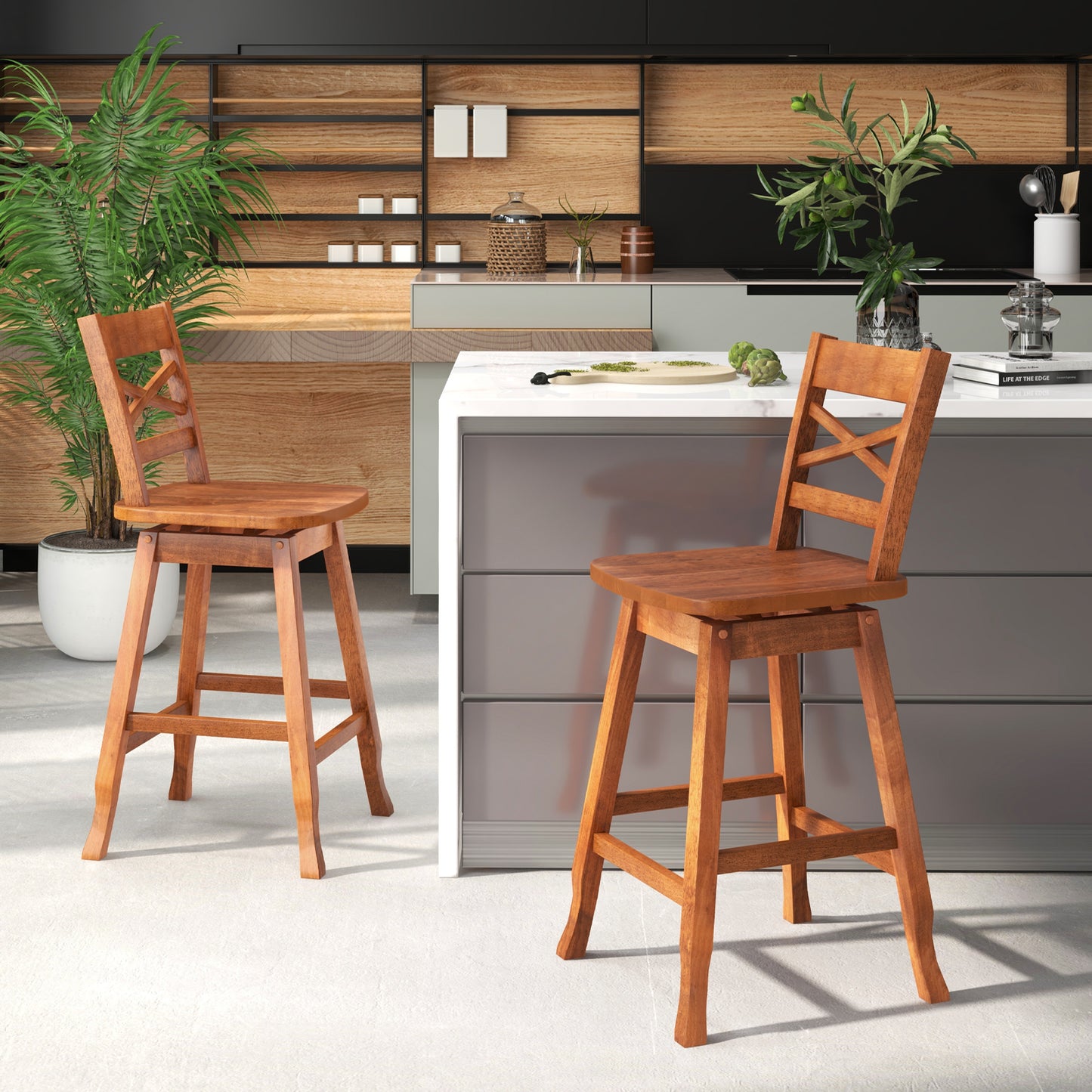 Swivel Counter Height Bar Stools with Curved Backrest and Wooden Frame in Walnut, 24 Inch Set of 2