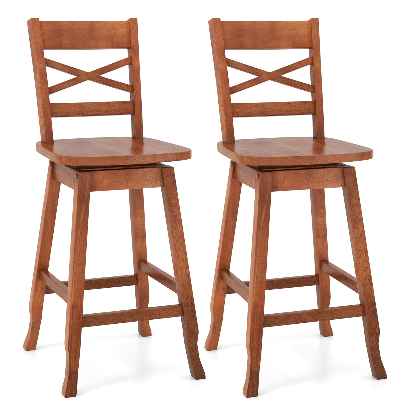 Swivel Counter Height Bar Stools with Curved Backrest and Wooden Frame in Walnut, 24 Inch Set of 2
