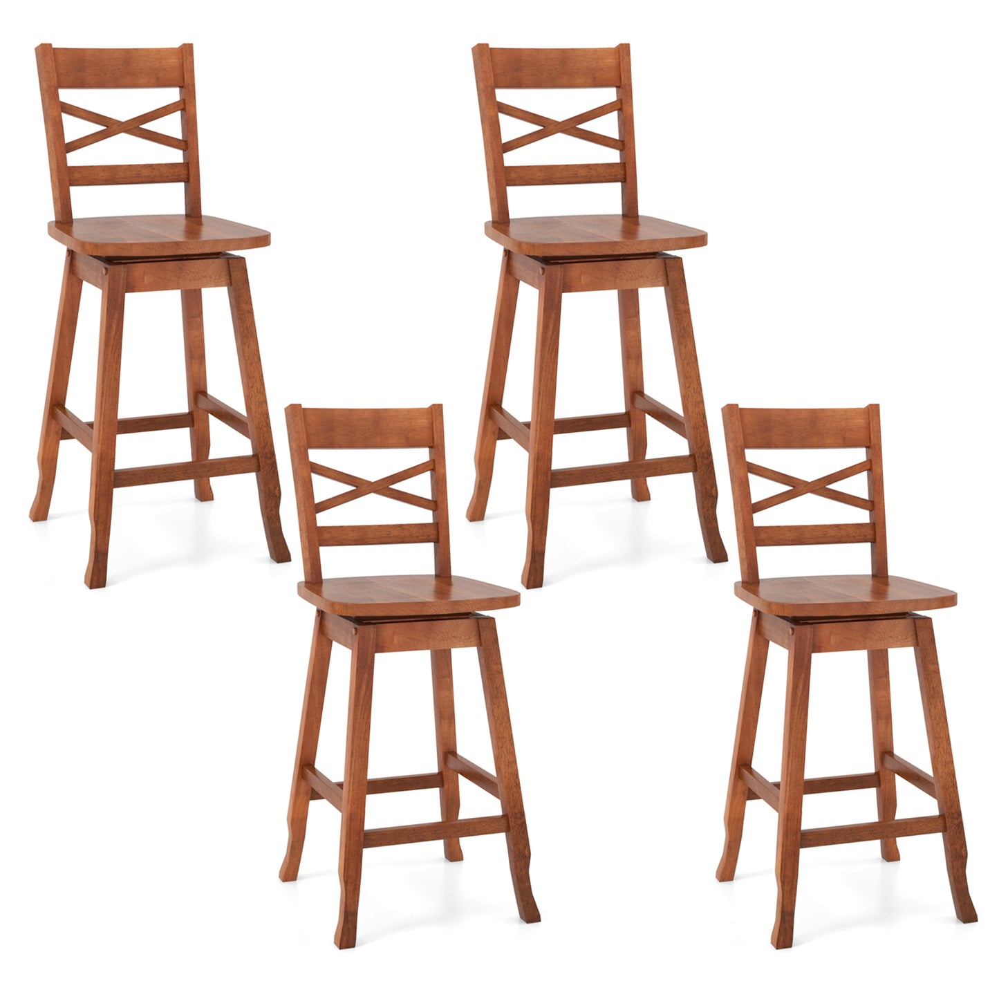 Swivel Counter Height Bar Stools with Curved Backrest and Wooden Frame in Walnut, 24 Inch Set of 2
