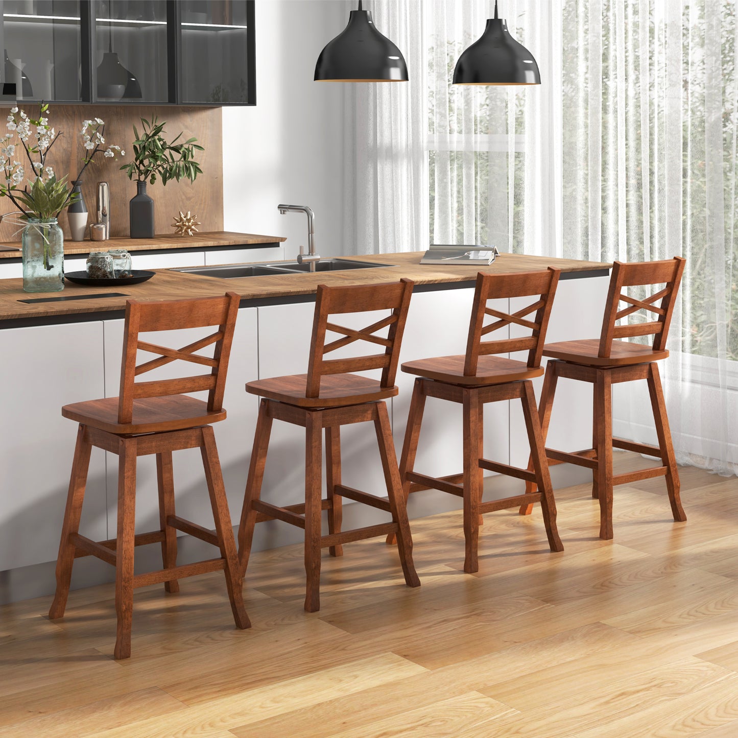 Swivel Counter Height Bar Stools with Curved Backrest and Wooden Frame in Walnut, 24 Inch Set of 2