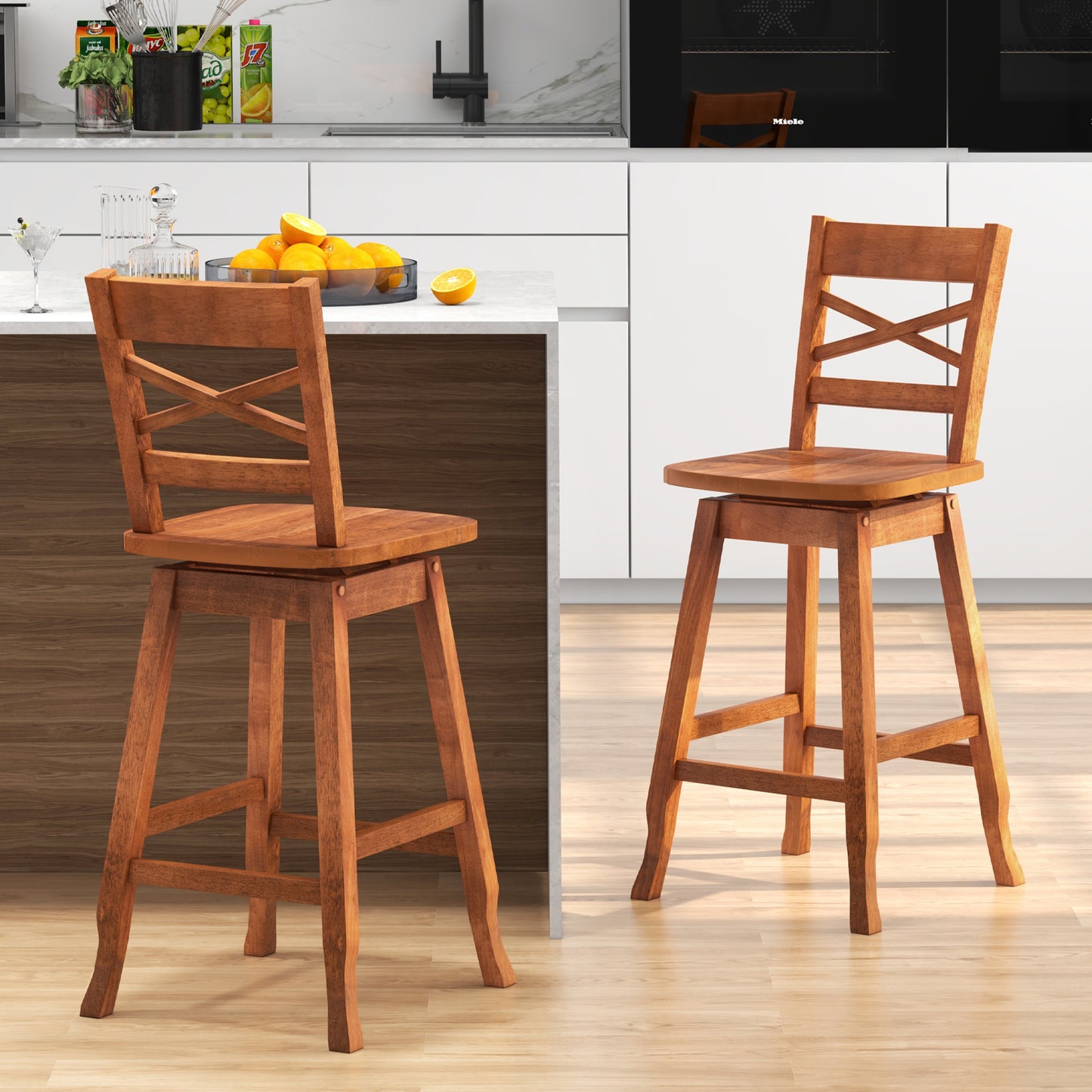 Swivel Counter Height Bar Stools with Curved Backrest and Wooden Frame in Walnut, 24 Inch Set of 2
