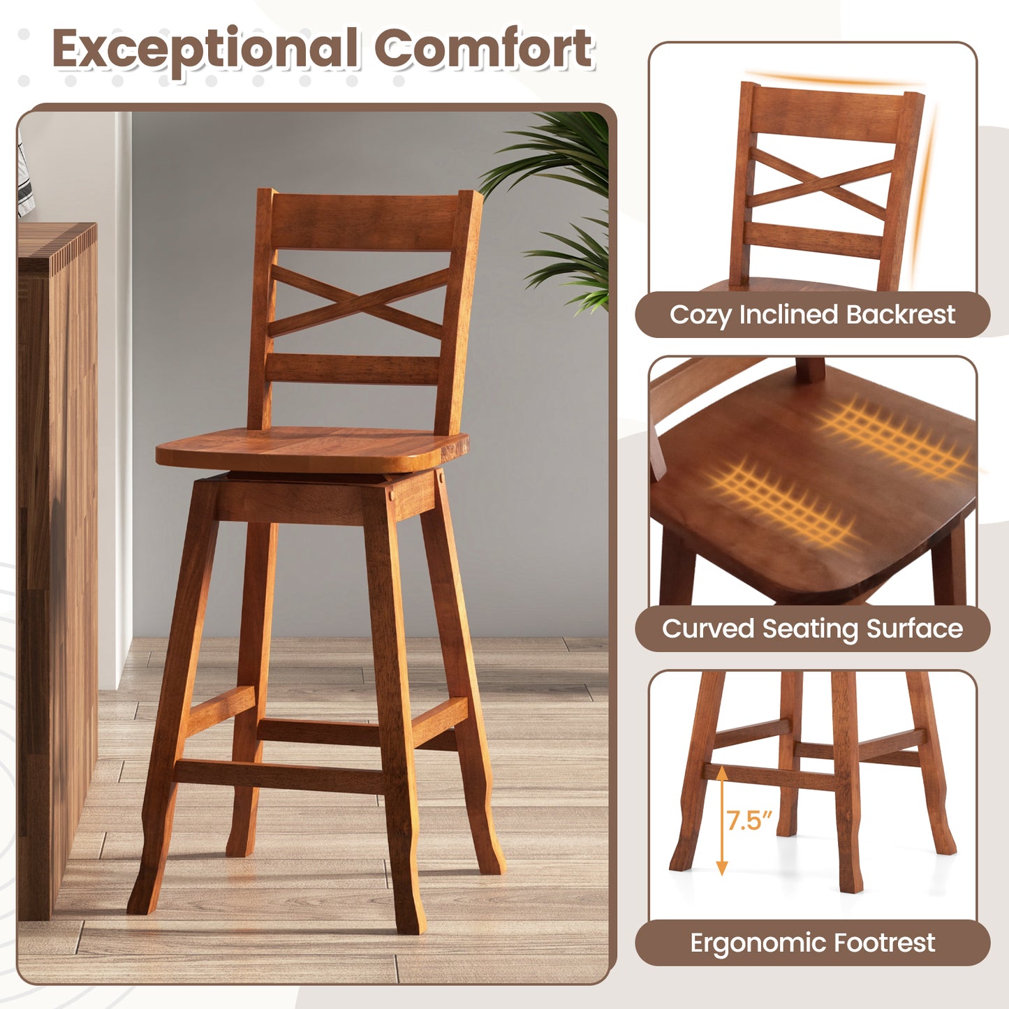Swivel Counter Height Bar Stools with Curved Backrest and Wooden Frame in Walnut, 24 Inch Set of 2