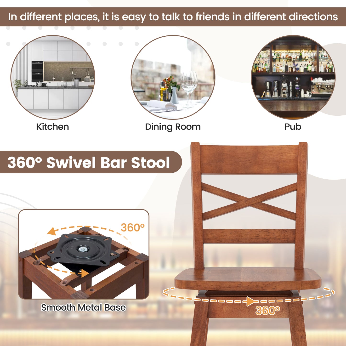 Swivel Counter Height Bar Stools with Curved Backrest and Wooden Frame in Walnut, 24 Inch Set of 2