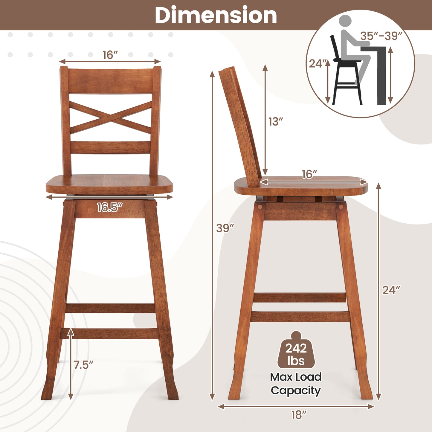 Swivel Counter Height Bar Stools with Curved Backrest and Wooden Frame in Walnut, 24 Inch Set of 2