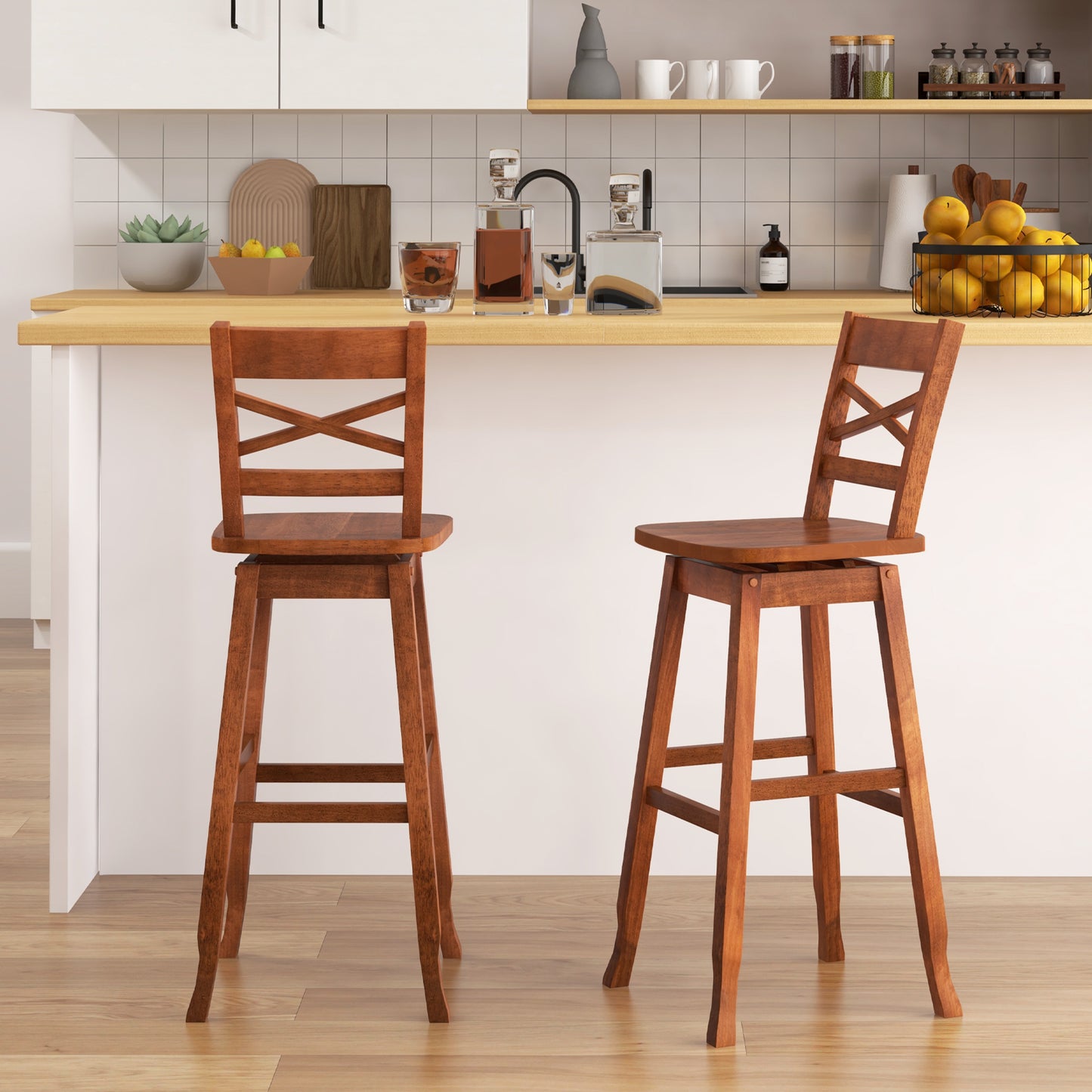Swivel Counter Height Bar Stools with Curved Backrest and Wooden Frame in Walnut, 30 Inch Set of 2