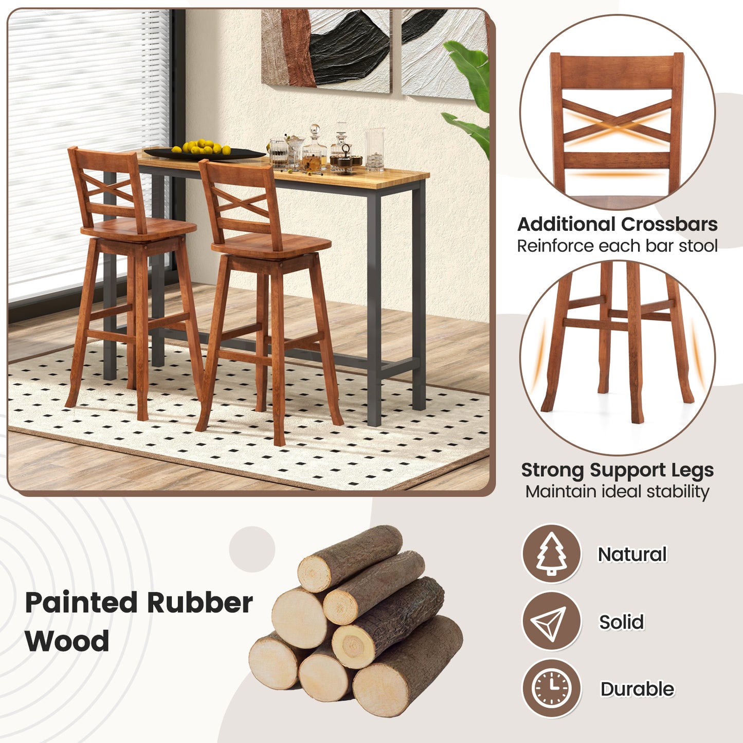 Swivel Counter Height Bar Stools with Curved Backrest and Wooden Frame in Walnut, 30 Inch Set of 2