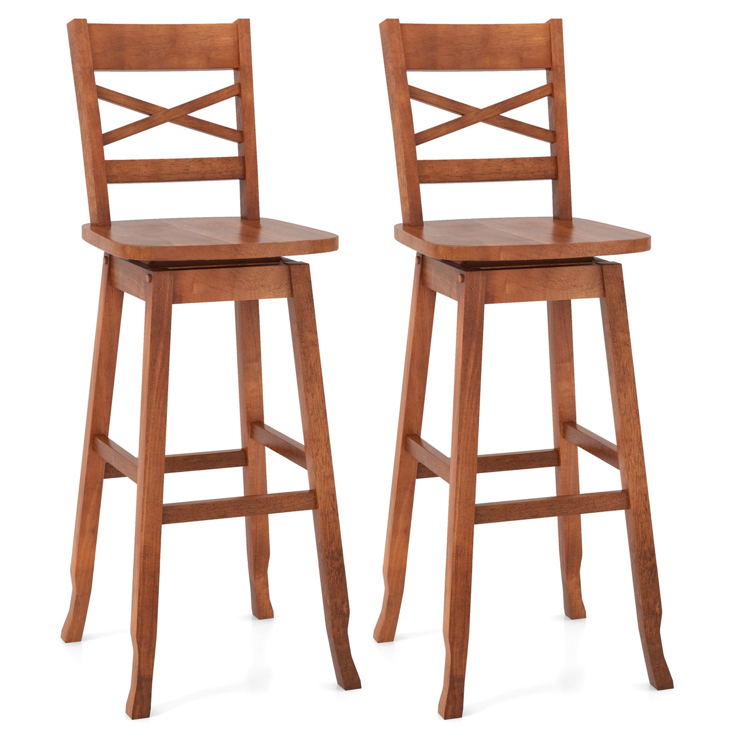 Swivel Counter Height Bar Stools with Curved Backrest and Wooden Frame in Walnut, 30 Inch Set of 2
