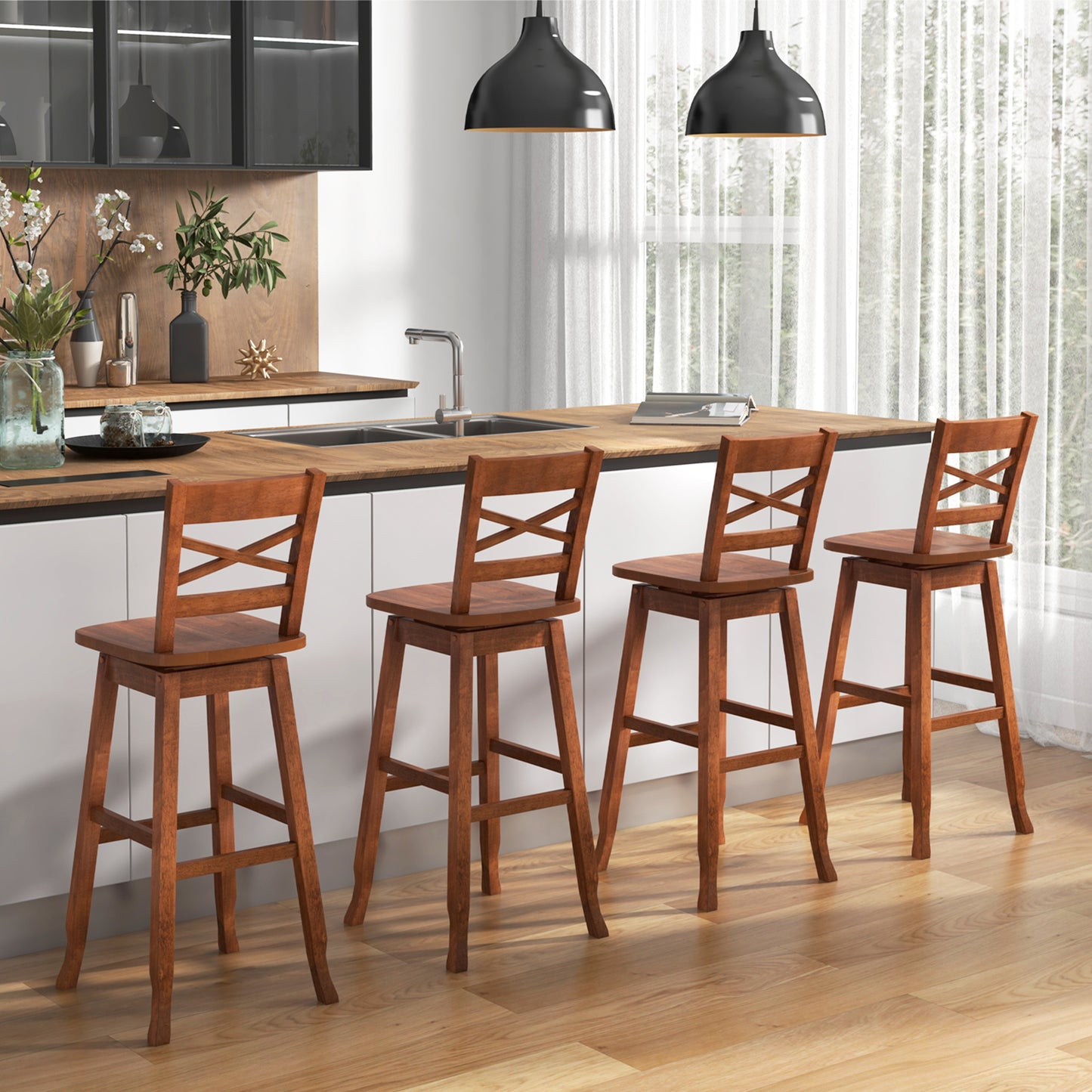 Swivel Counter Height Bar Stools with Curved Backrest and Wooden Frame in Walnut, 30 Inch Set of 2