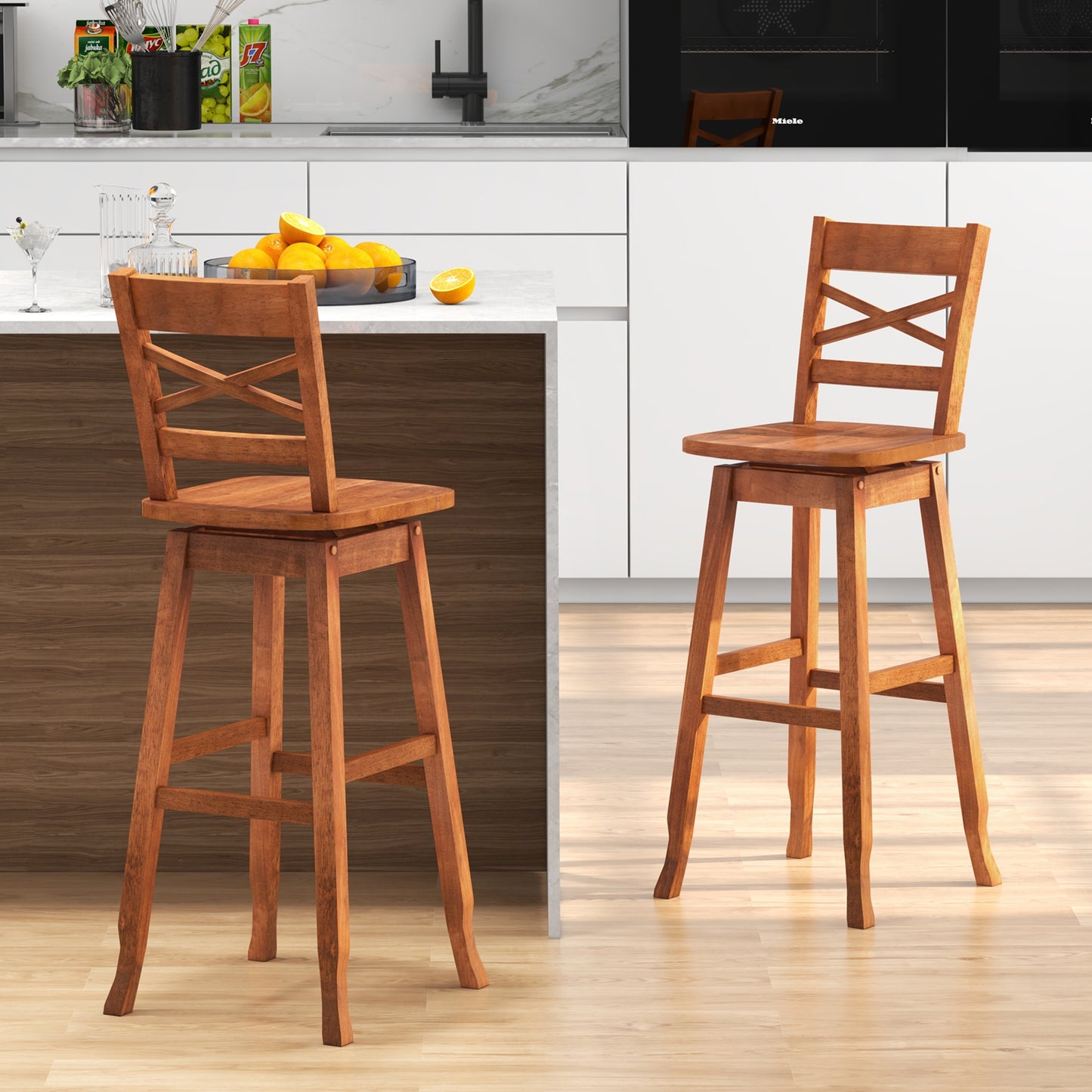 Swivel Counter Height Bar Stools with Curved Backrest and Wooden Frame in Walnut, 30 Inch Set of 2