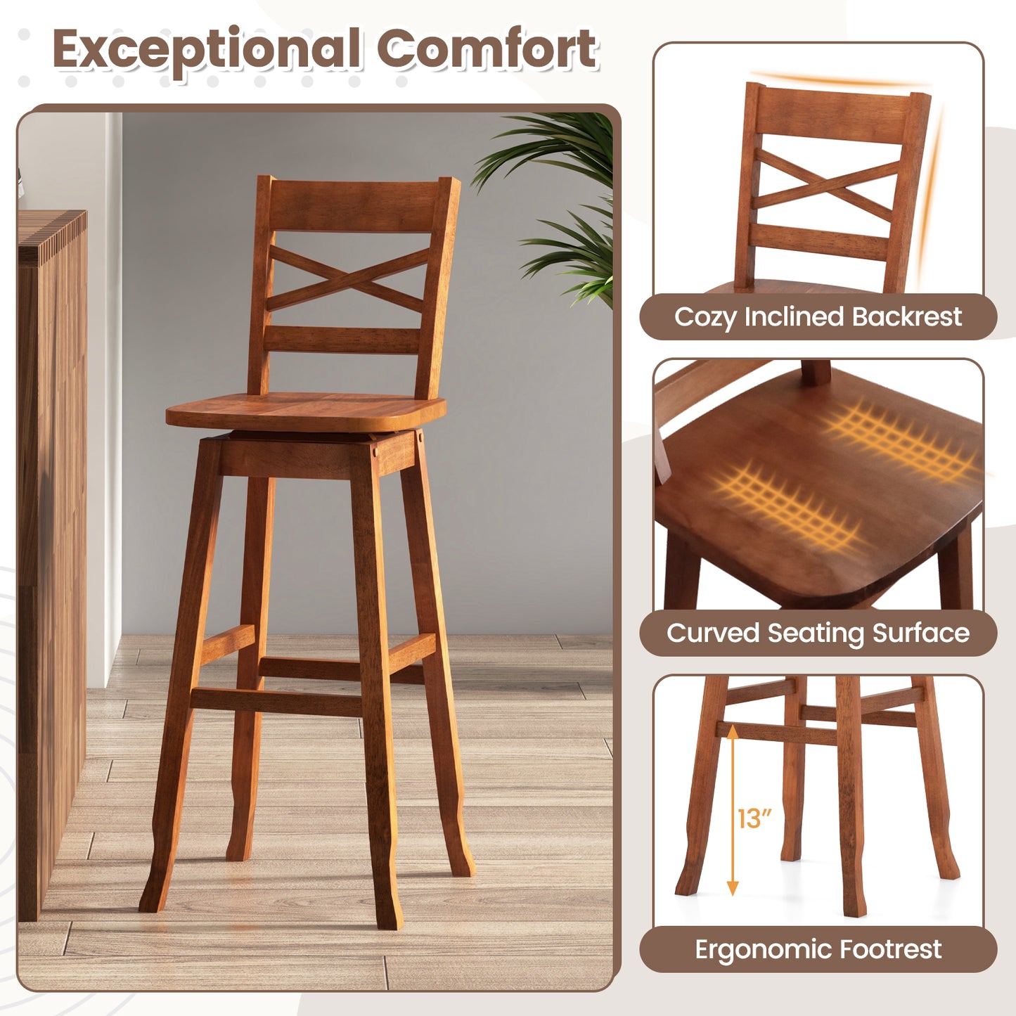 Swivel Counter Height Bar Stools with Curved Backrest and Wooden Frame in Walnut, 30 Inch Set of 2