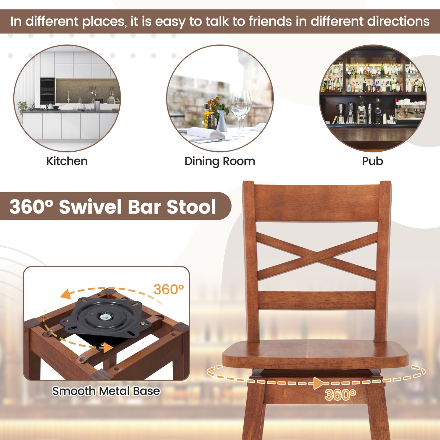 Swivel Counter Height Bar Stools with Curved Backrest and Wooden Frame in Walnut, 30 Inch Set of 2