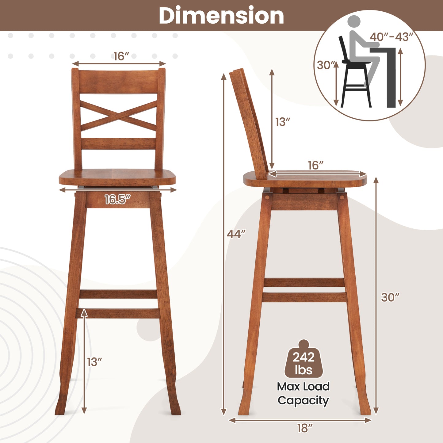 Swivel Counter Height Bar Stools with Curved Backrest and Wooden Frame in Walnut, 30 Inch Set of 2
