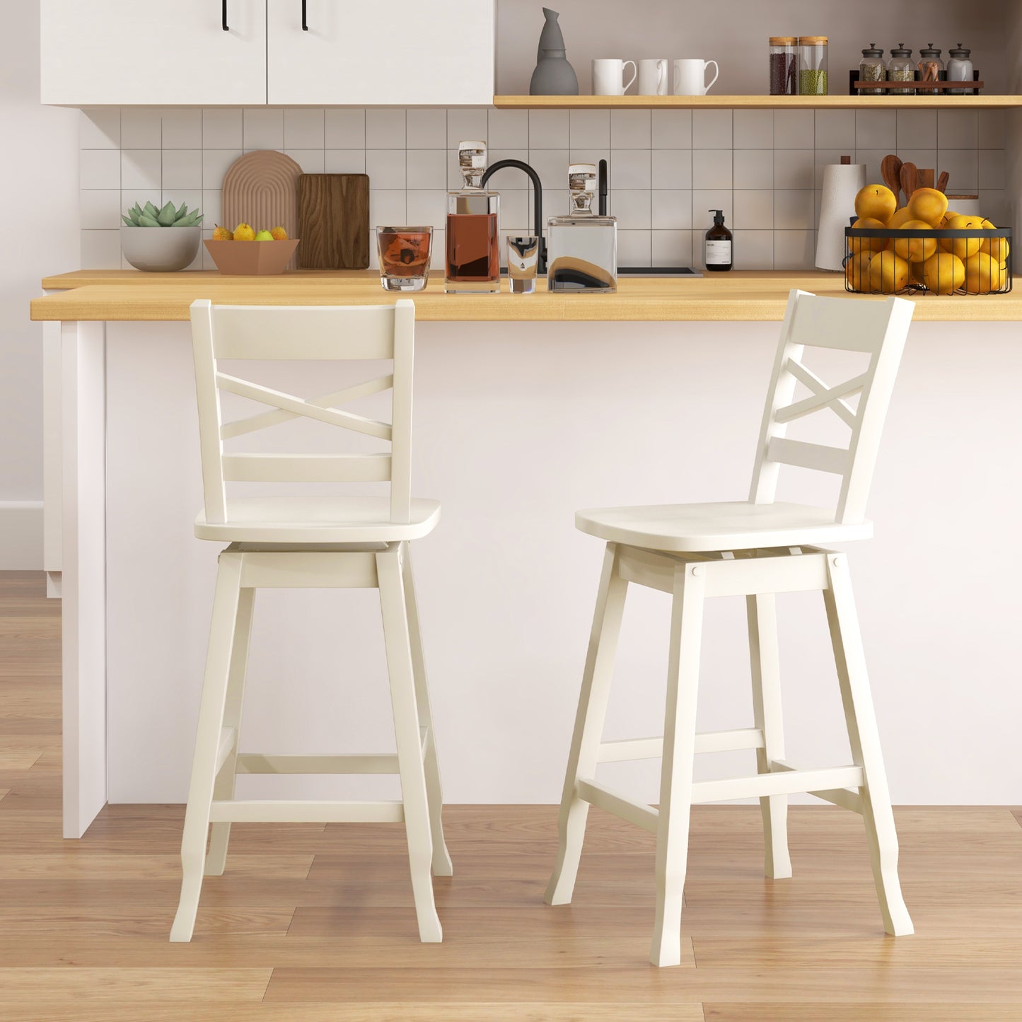 Swivel Counter Height Bar Stools with Curved Backrest and Wooden Frame in White, 24 Inch Set of 2