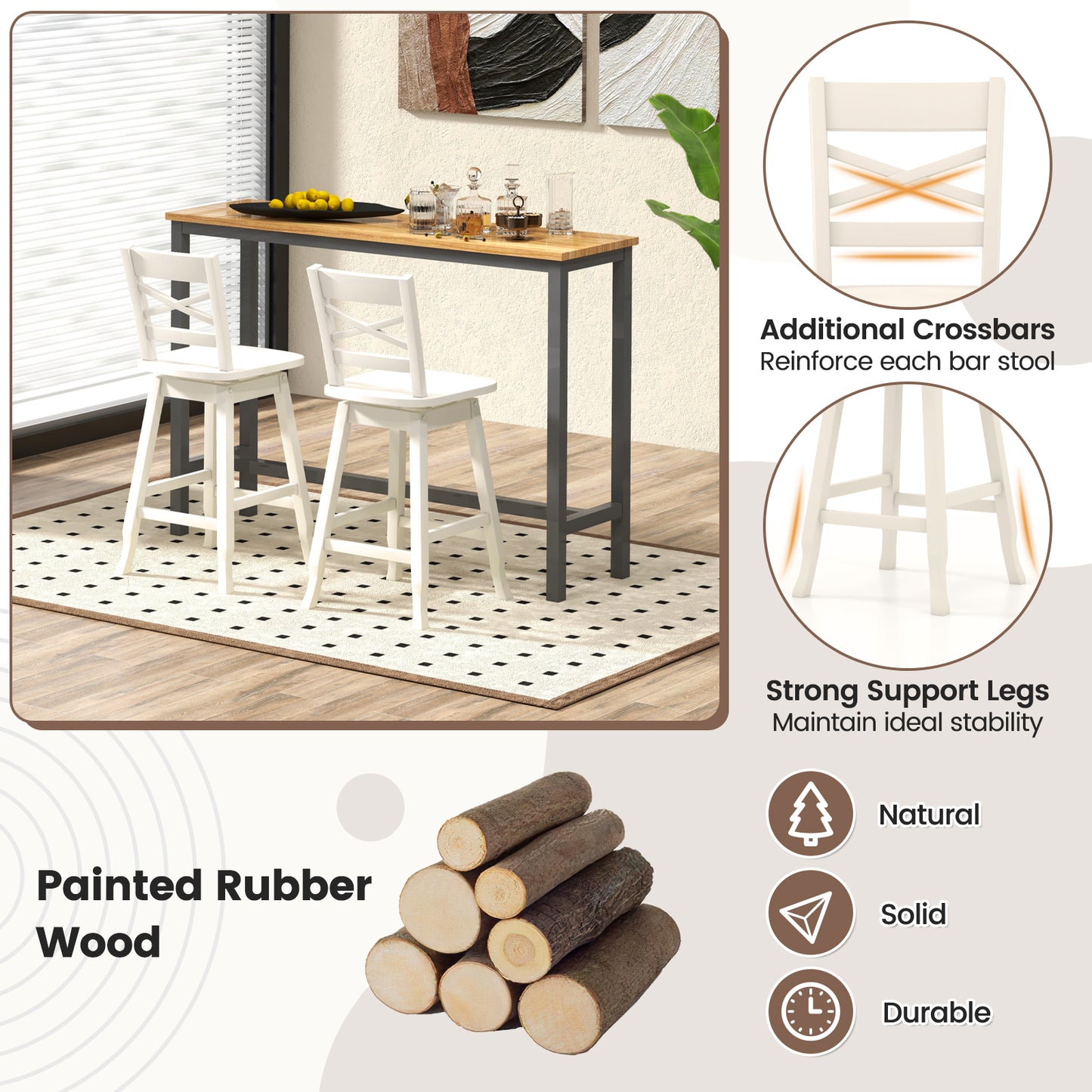 Swivel Counter Height Bar Stools with Curved Backrest and Wooden Frame in White, 24 Inch Set of 2