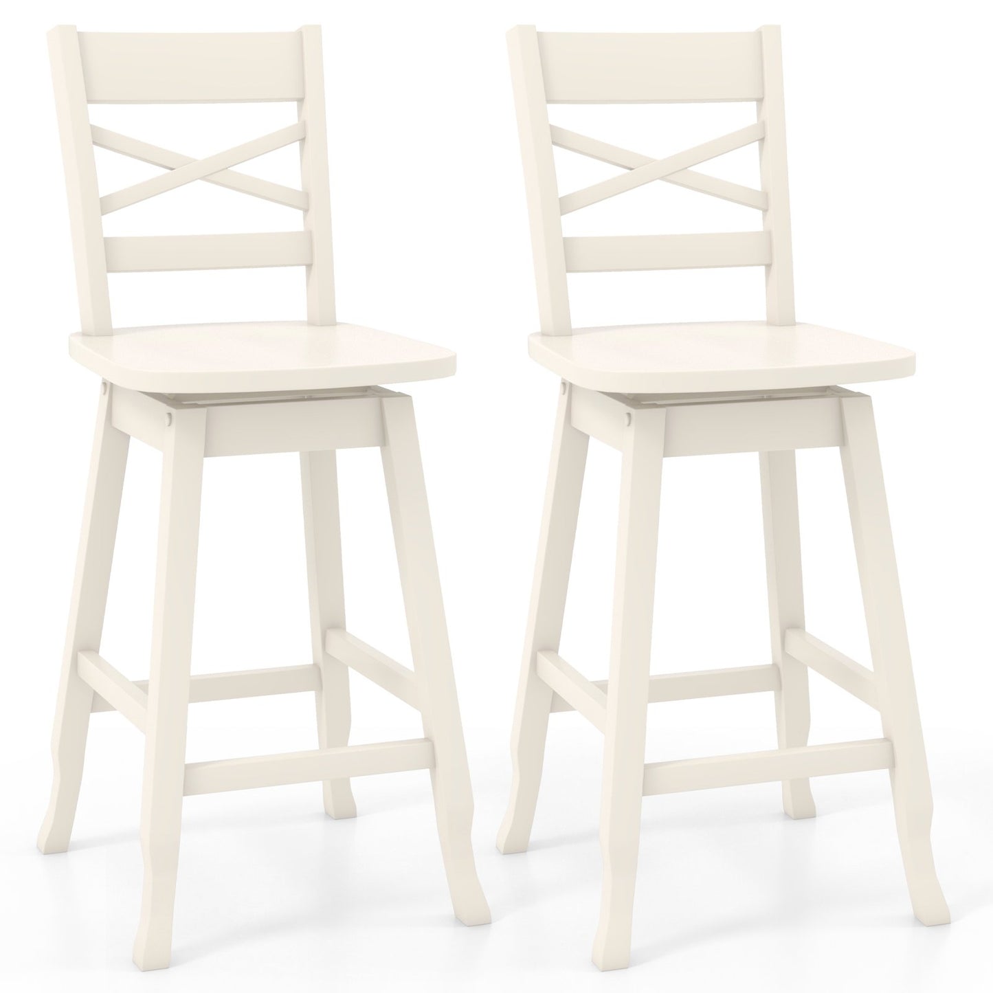 Swivel Counter Height Bar Stools with Curved Backrest and Wooden Frame in White, 24 Inch Set of 2