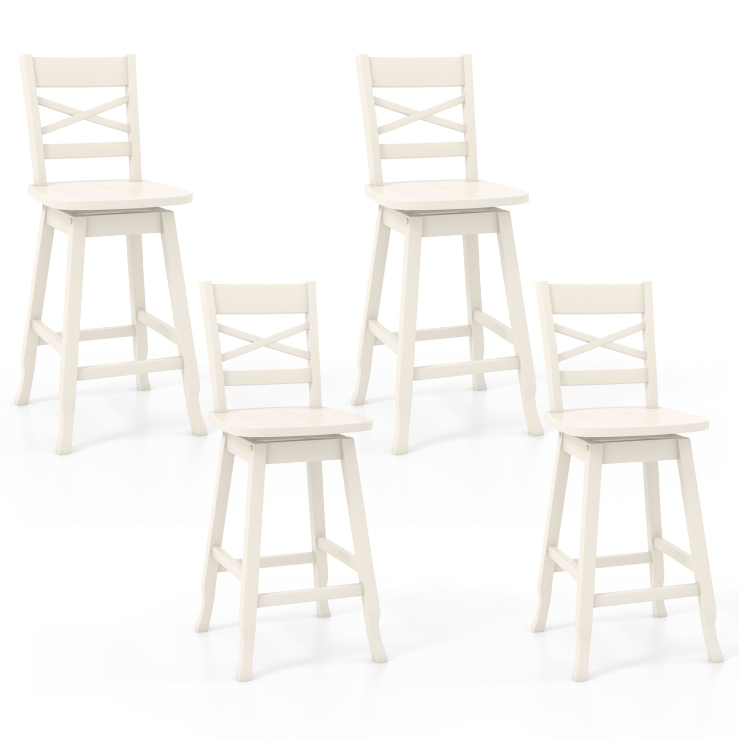 Swivel Counter Height Bar Stools with Curved Backrest and Wooden Frame in White, 24 Inch Set of 2