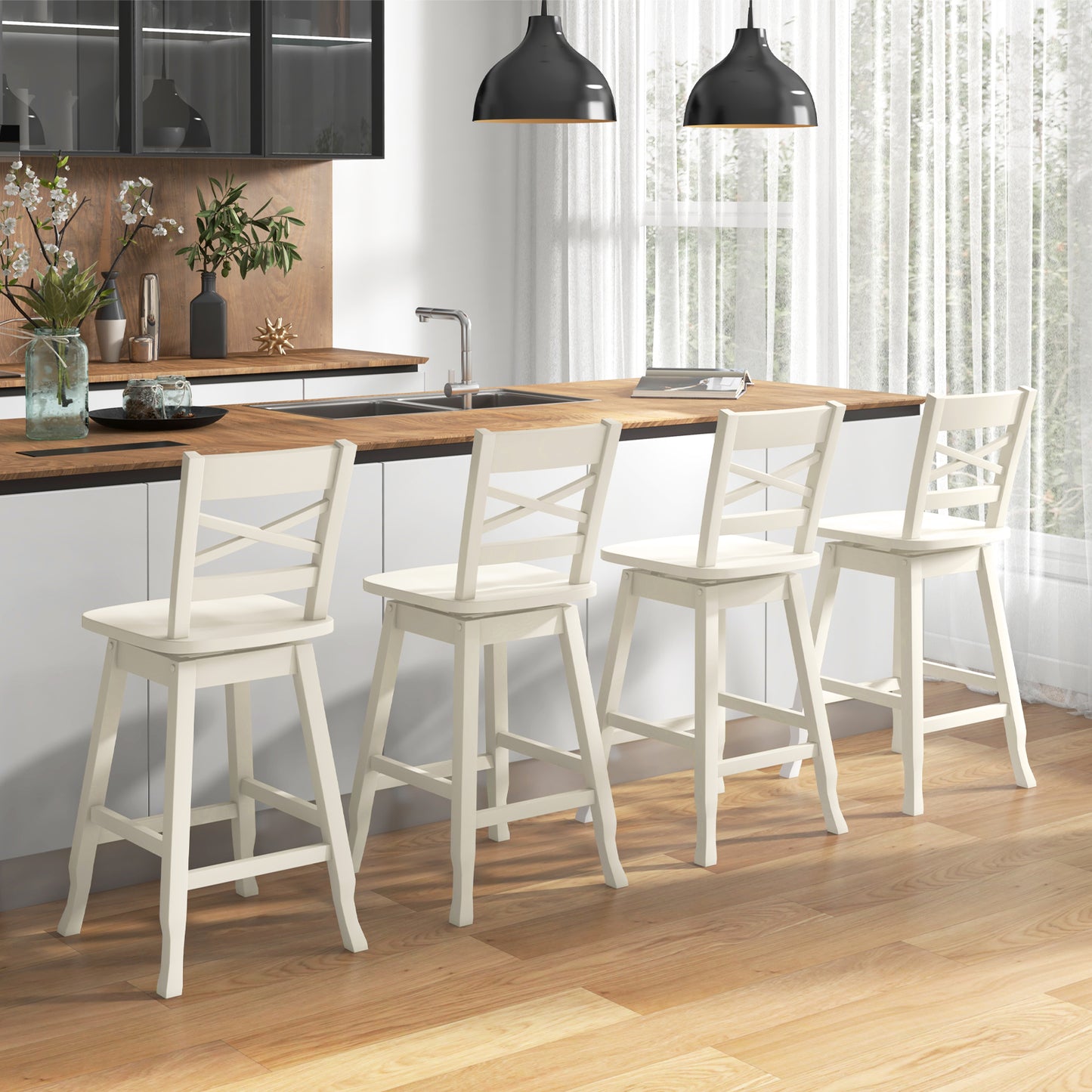 Swivel Counter Height Bar Stools with Curved Backrest and Wooden Frame in White, 24 Inch Set of 2