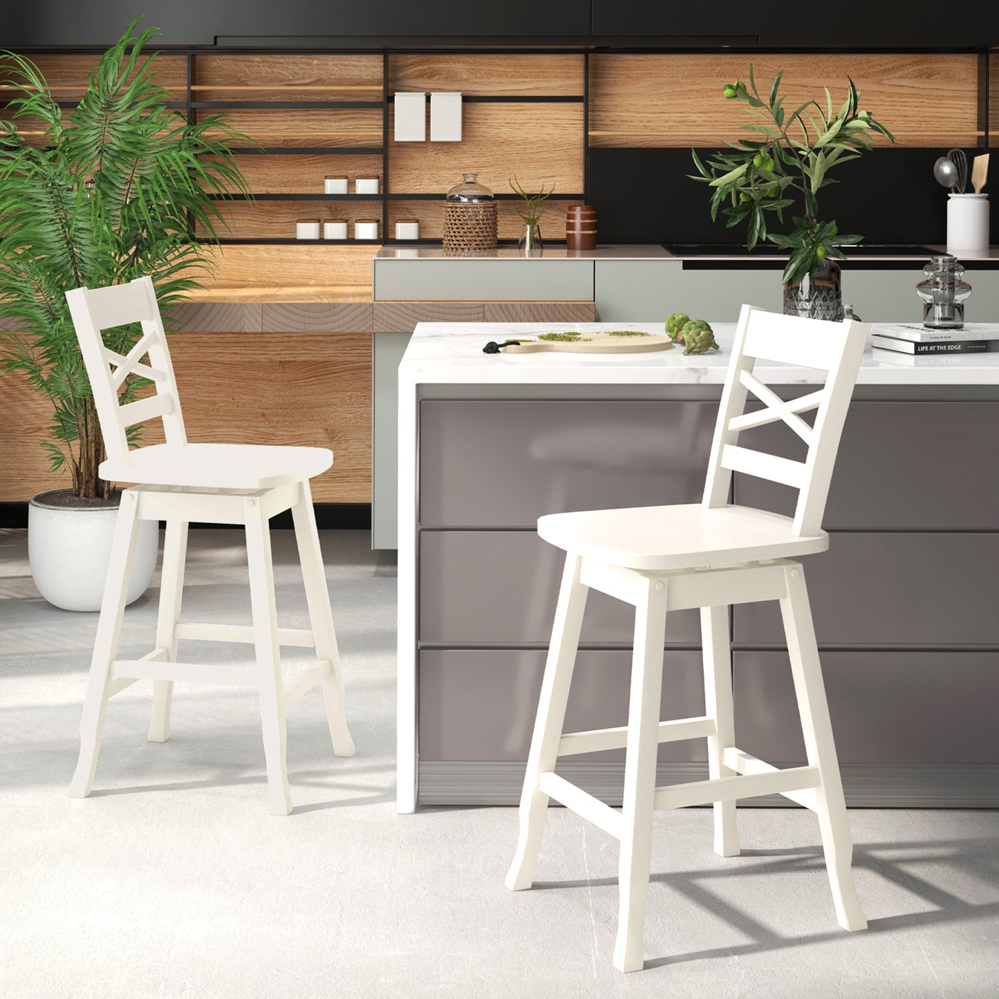 Swivel Counter Height Bar Stools with Curved Backrest and Wooden Frame in White, 24 Inch Set of 2
