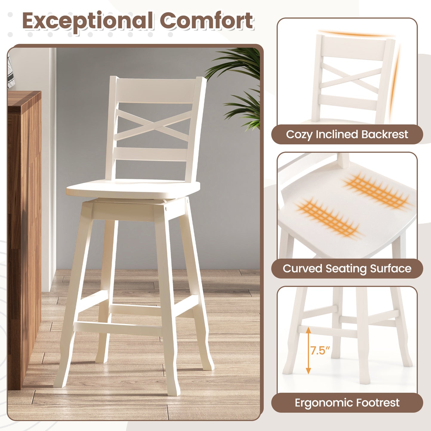 Swivel Counter Height Bar Stools with Curved Backrest and Wooden Frame in White, 24 Inch Set of 2