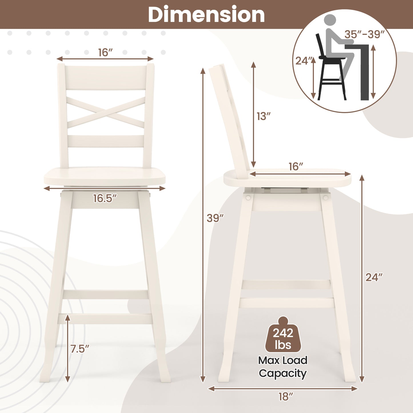 Swivel Counter Height Bar Stools with Curved Backrest and Wooden Frame in White, 24 Inch Set of 2