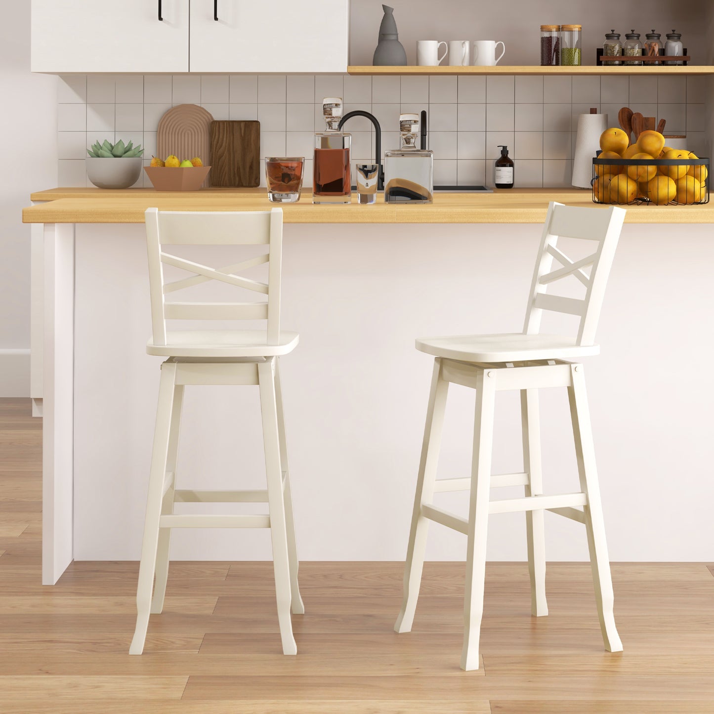 Swivel Counter Height Bar Stools with Curved Backrest and Wooden Frame in White, 30 Inch Set of 2