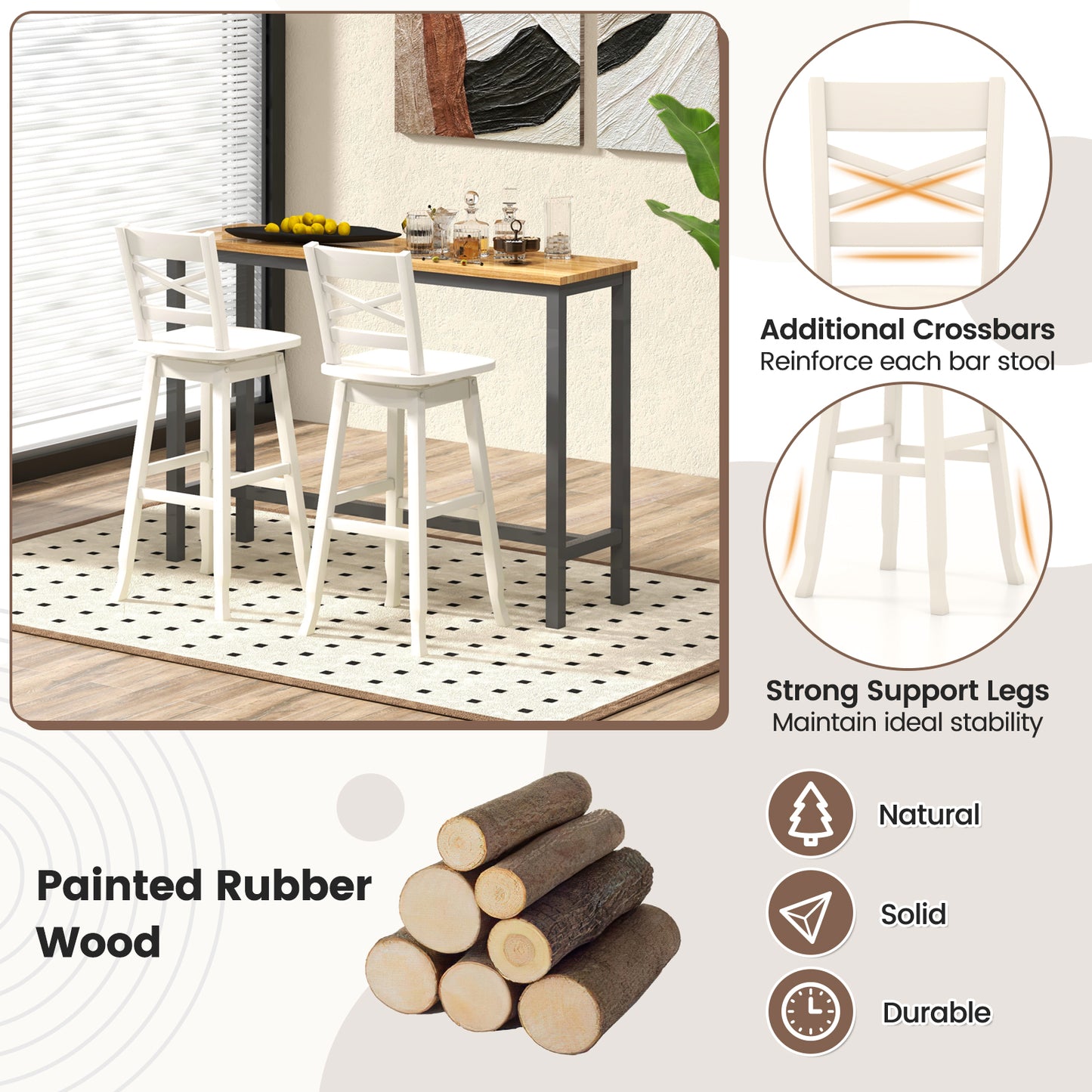 Swivel Counter Height Bar Stools with Curved Backrest and Wooden Frame in White, 30 Inch Set of 2