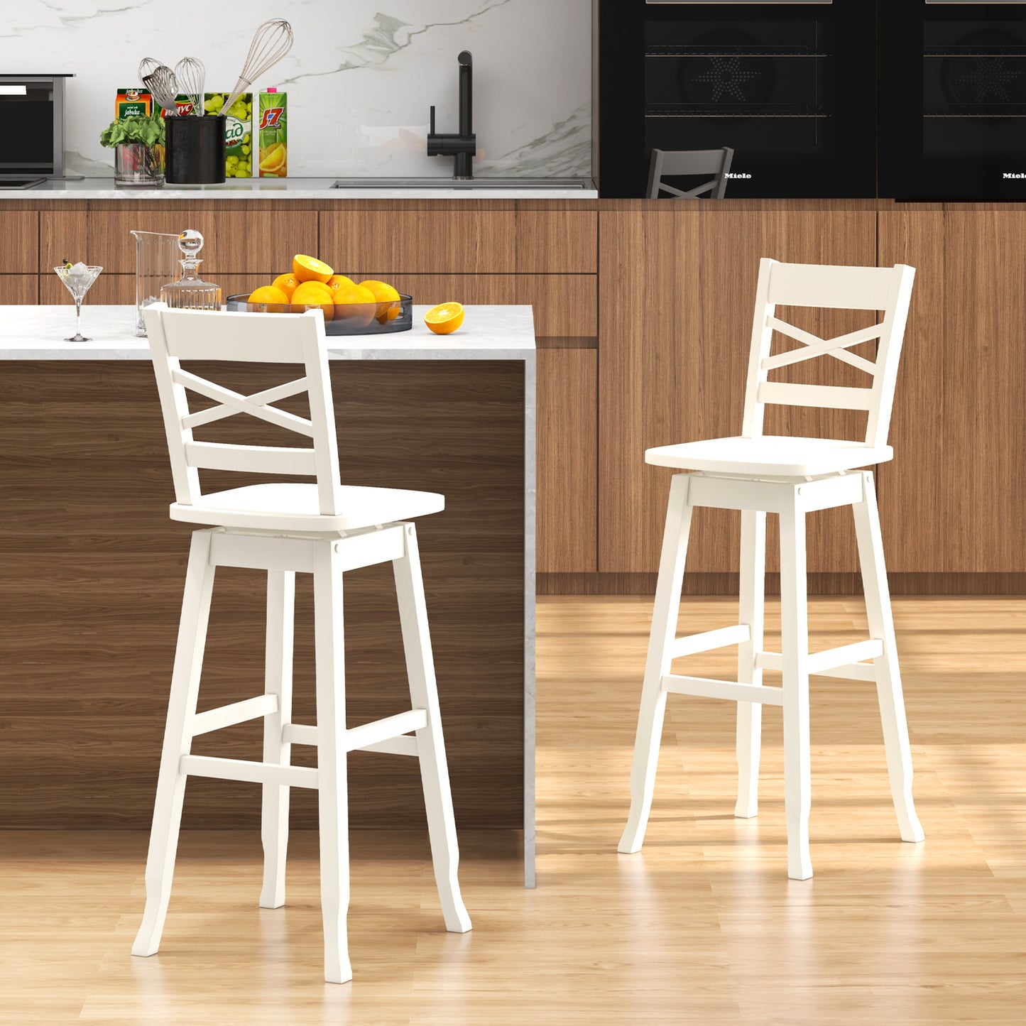 Swivel Counter Height Bar Stools with Curved Backrest and Wooden Frame in White, 30 Inch Set of 2