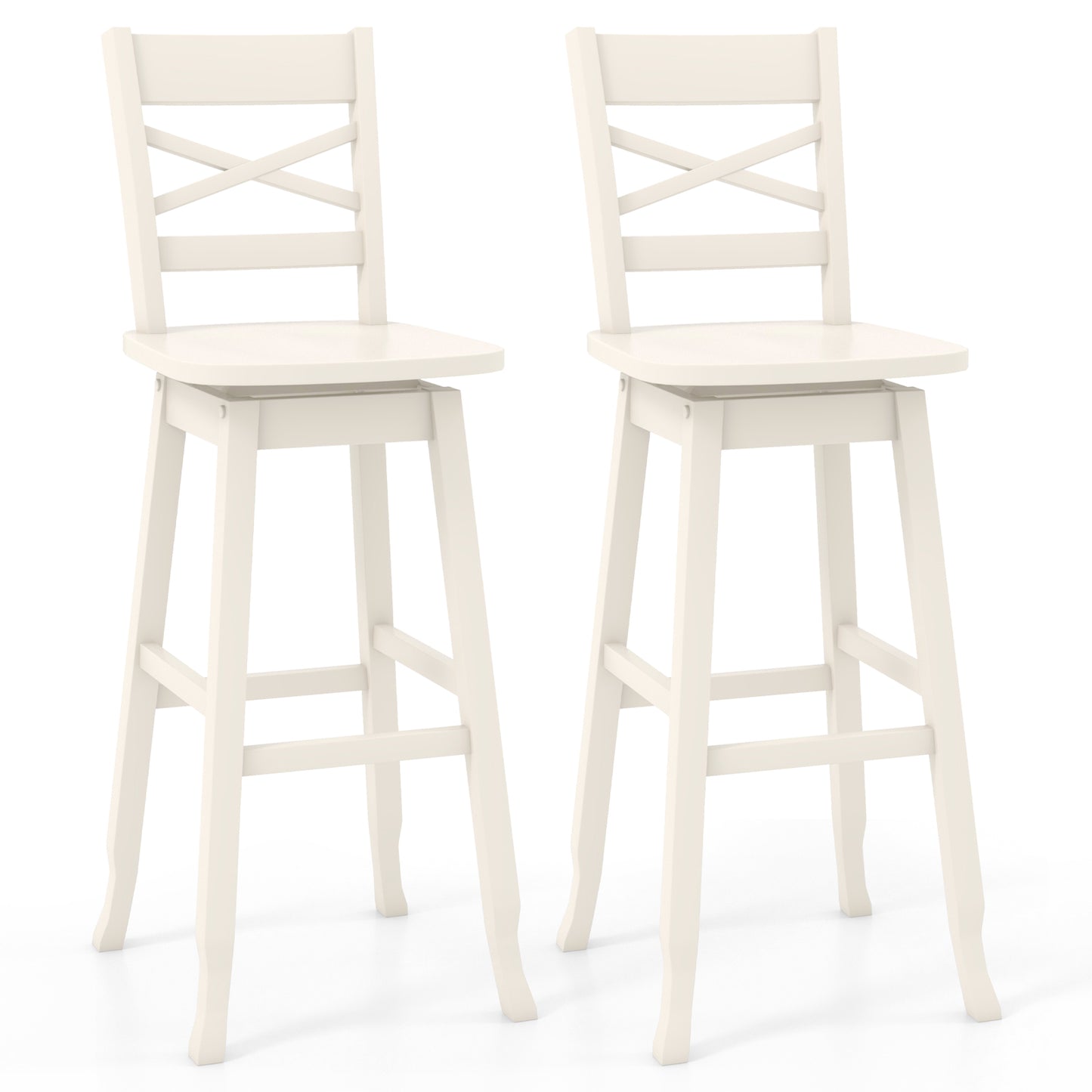 Swivel Counter Height Bar Stools with Curved Backrest and Wooden Frame in White, 30 Inch Set of 2