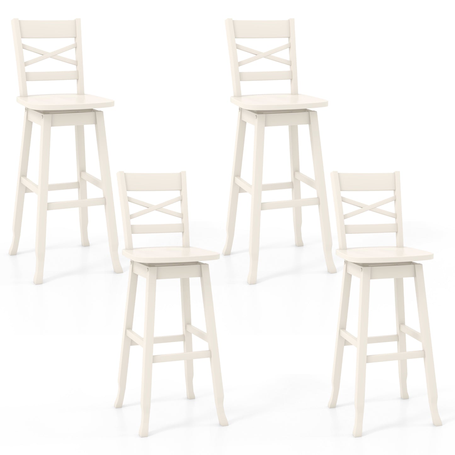 Swivel Counter Height Bar Stools with Curved Backrest and Wooden Frame in White, 30 Inch Set of 2