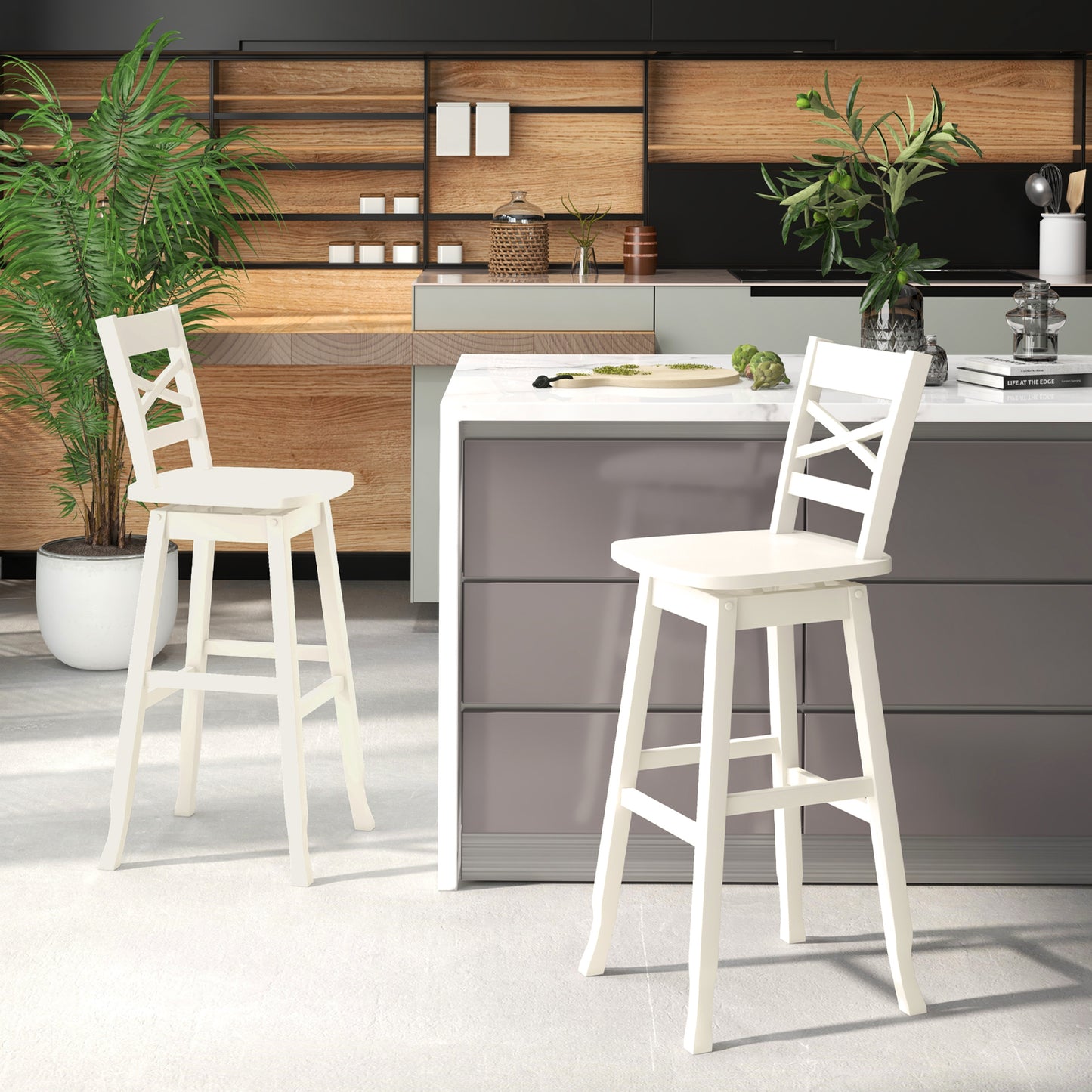 Swivel Counter Height Bar Stools with Curved Backrest and Wooden Frame in White, 30 Inch Set of 2