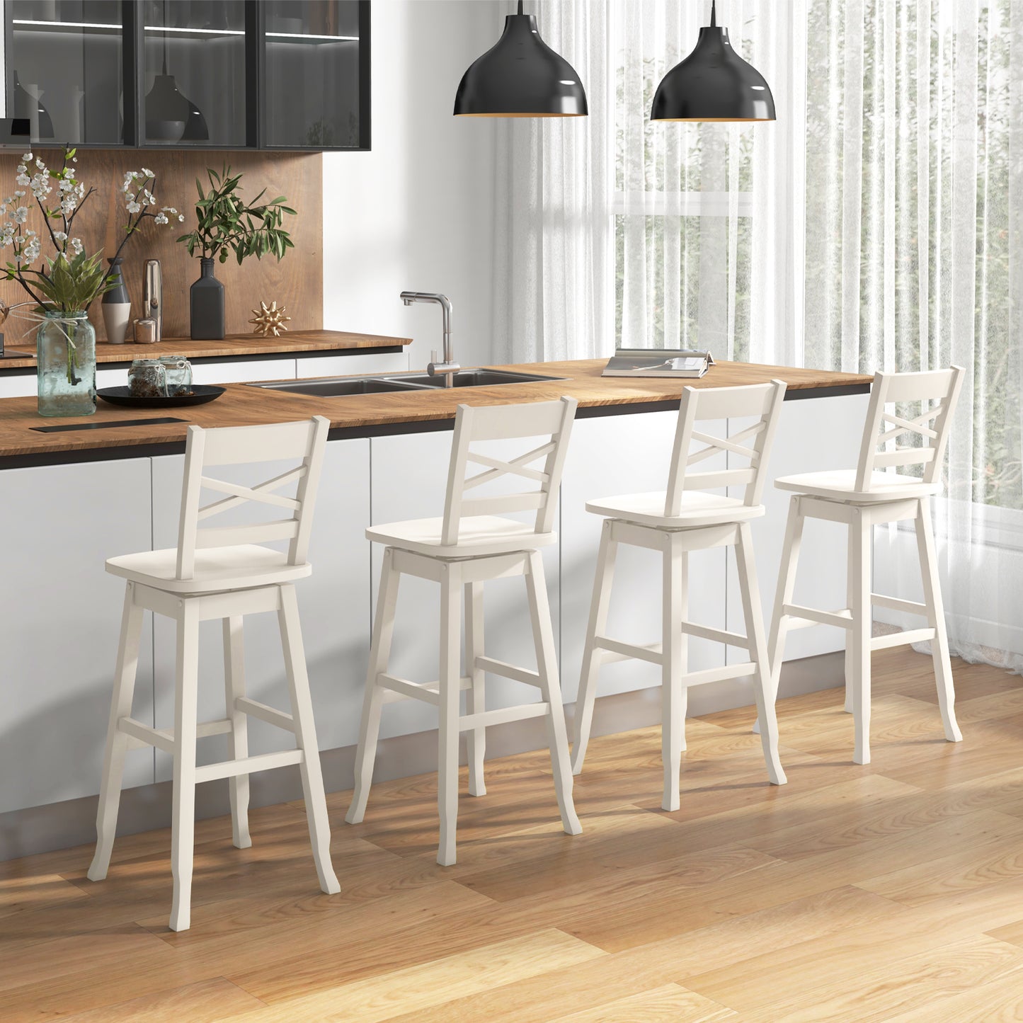 Swivel Counter Height Bar Stools with Curved Backrest and Wooden Frame in White, 30 Inch Set of 2