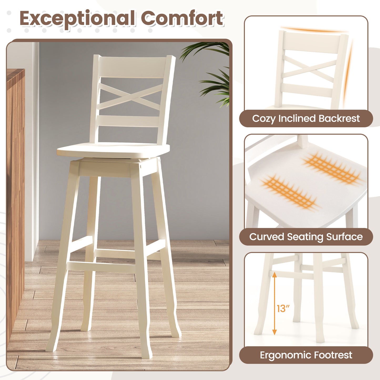 Swivel Counter Height Bar Stools with Curved Backrest and Wooden Frame in White, 30 Inch Set of 2
