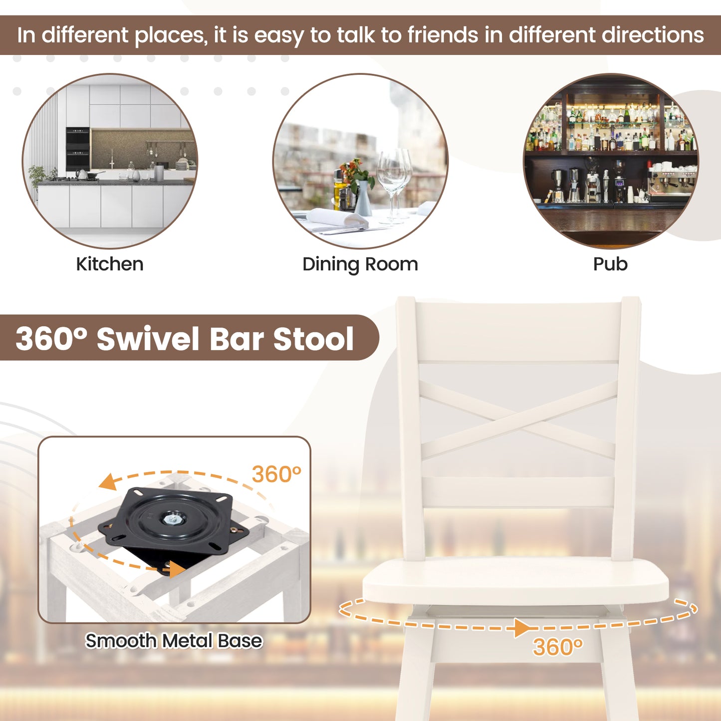 Swivel Counter Height Bar Stools with Curved Backrest and Wooden Frame in White, 30 Inch Set of 2