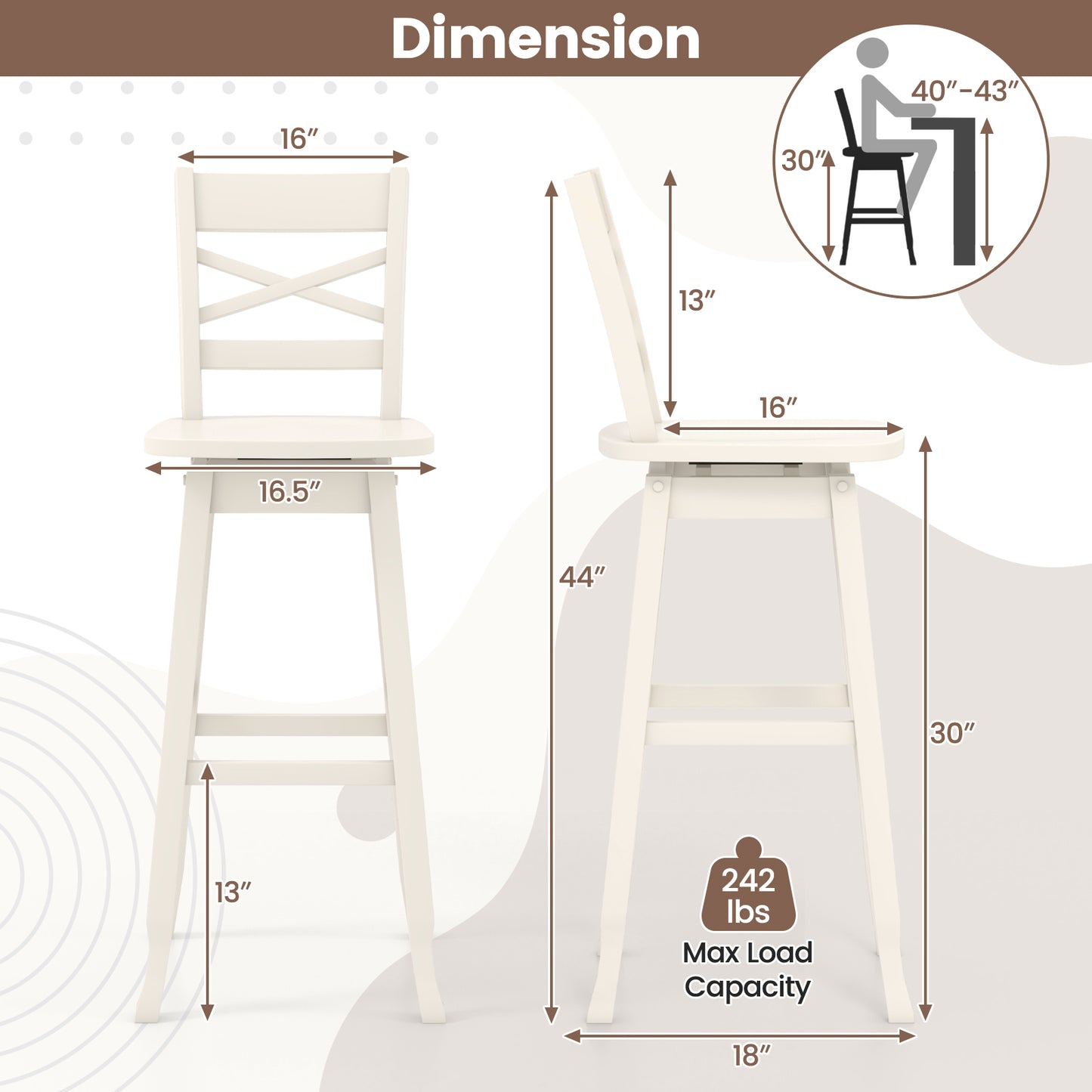 Swivel Counter Height Bar Stools with Curved Backrest and Wooden Frame in White, 30 Inch Set of 2