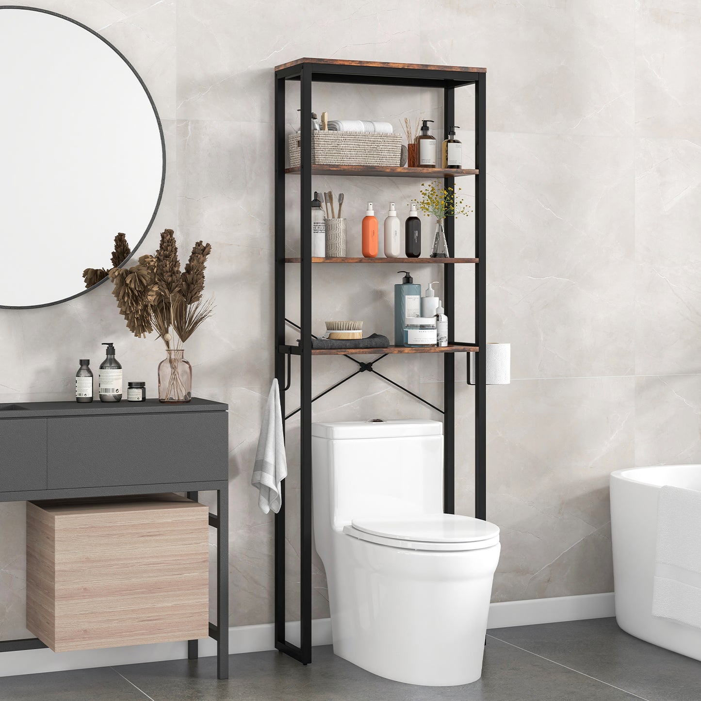 4 Tier Over-the-Toilet Storage Rack with Adjustable Feet & Durable Metal Frame